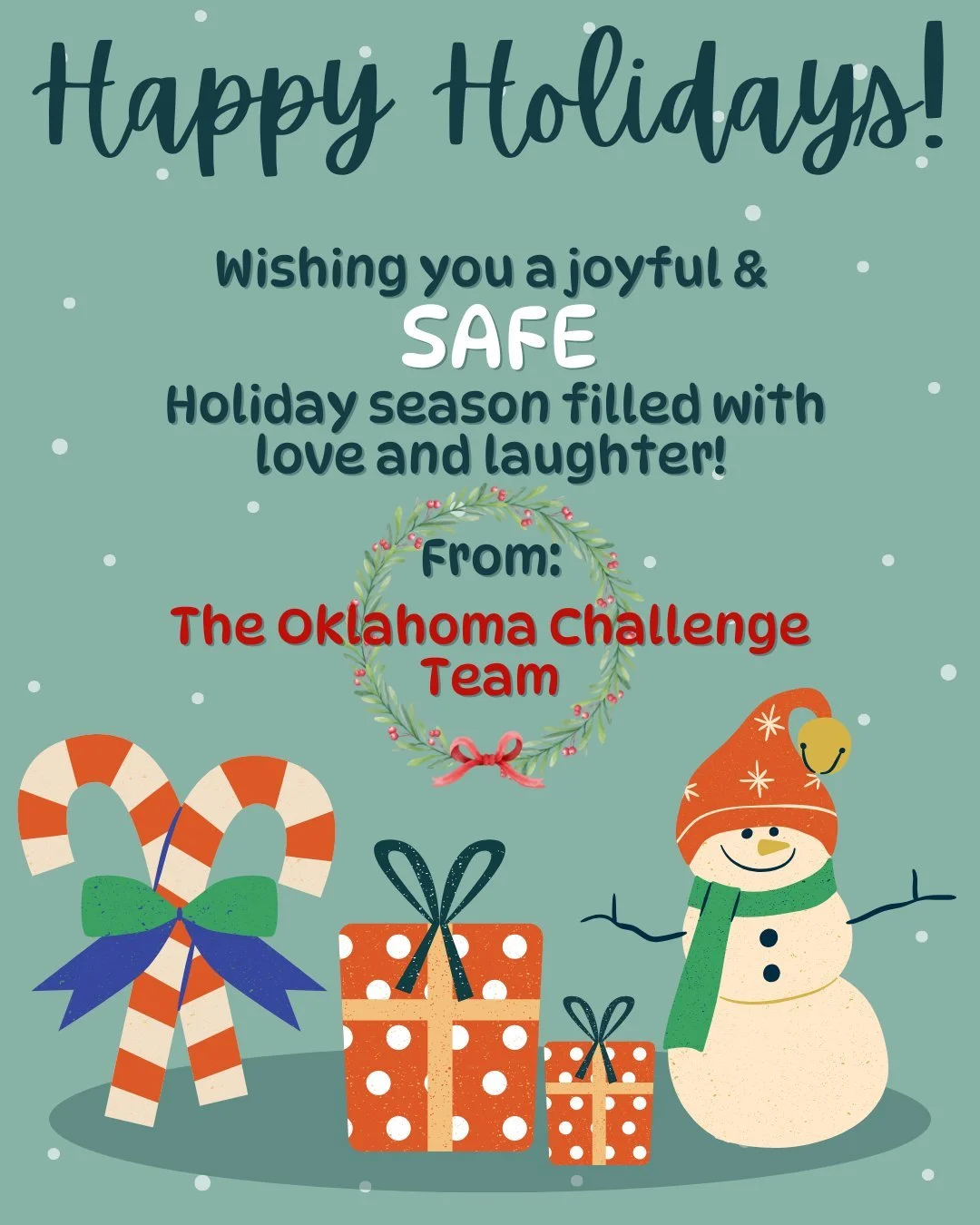 Happy Holidays! 🎄✨
The Oklahoma Challenge Team wishes everyone a fun, safe, and happy holiday season ❤️

Whether you&rsquo;re heading to a party, practice, or just out with friends, remember: buckle up, put the phone down, and always drive sober. 📵
