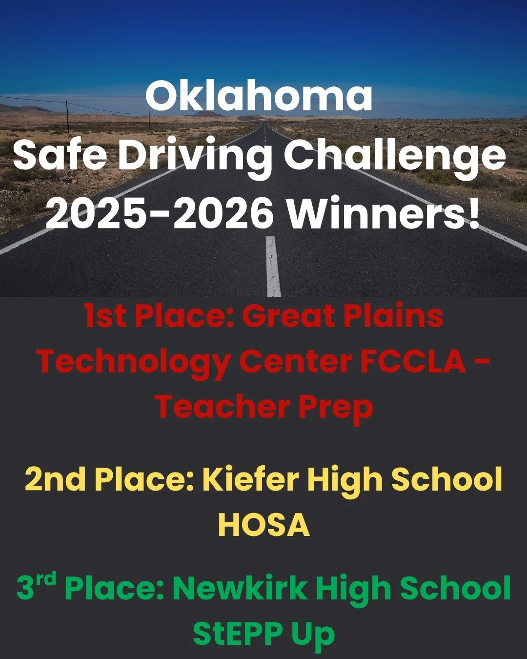 🎉🚗 OKLAHOMA SAFE DRIVING CHALLENGE WINNERS ARE HERE! 🚗🎉

We are beyond excited to announce this year&rsquo;s Oklahoma Safe Driving Challenge Team winners! 🏆 The competition was incredibly close this year, and every single team brought passion, c