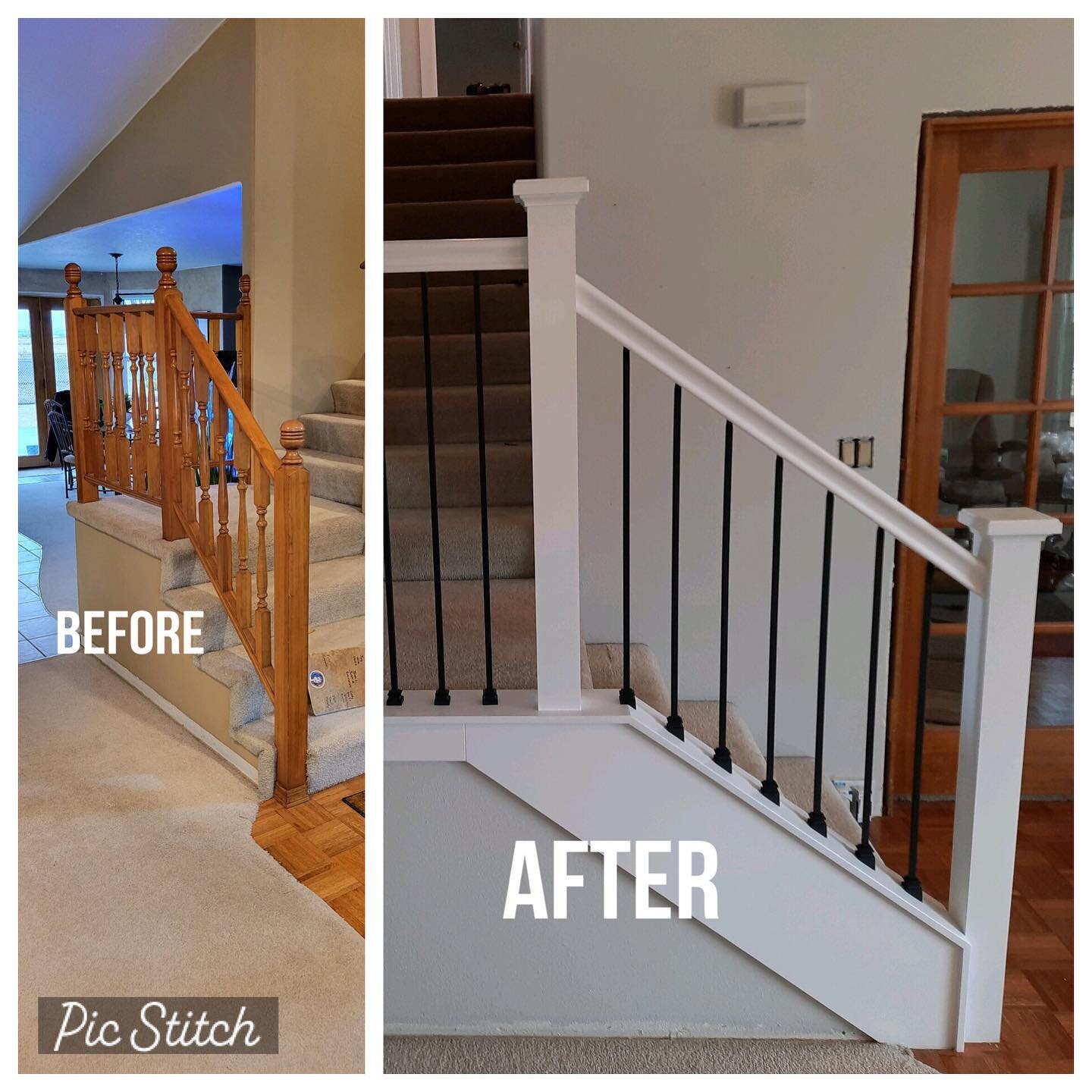 BEFORE ➡️ AFTER

Take a look at this project. Added a nice painted wall cap, skirtboards, and changed out replaced the railing with updated newel posts and iron balusters. Pretty easy change to do inside your home, but provides an entirely different 