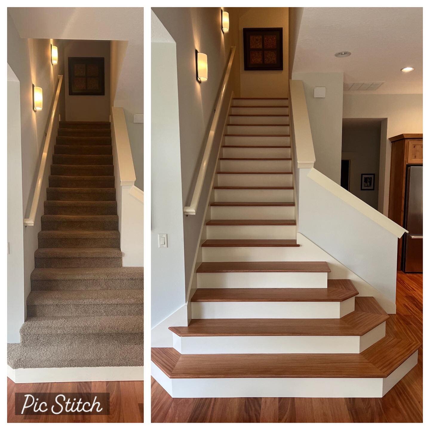 Amazing before and after transformation with the steps in this home! It&rsquo;s as simple as removing the carpet, putting in fresh new paint led skirtboards, painted risers, and new stained treads! How many of 🙌 out of 10?