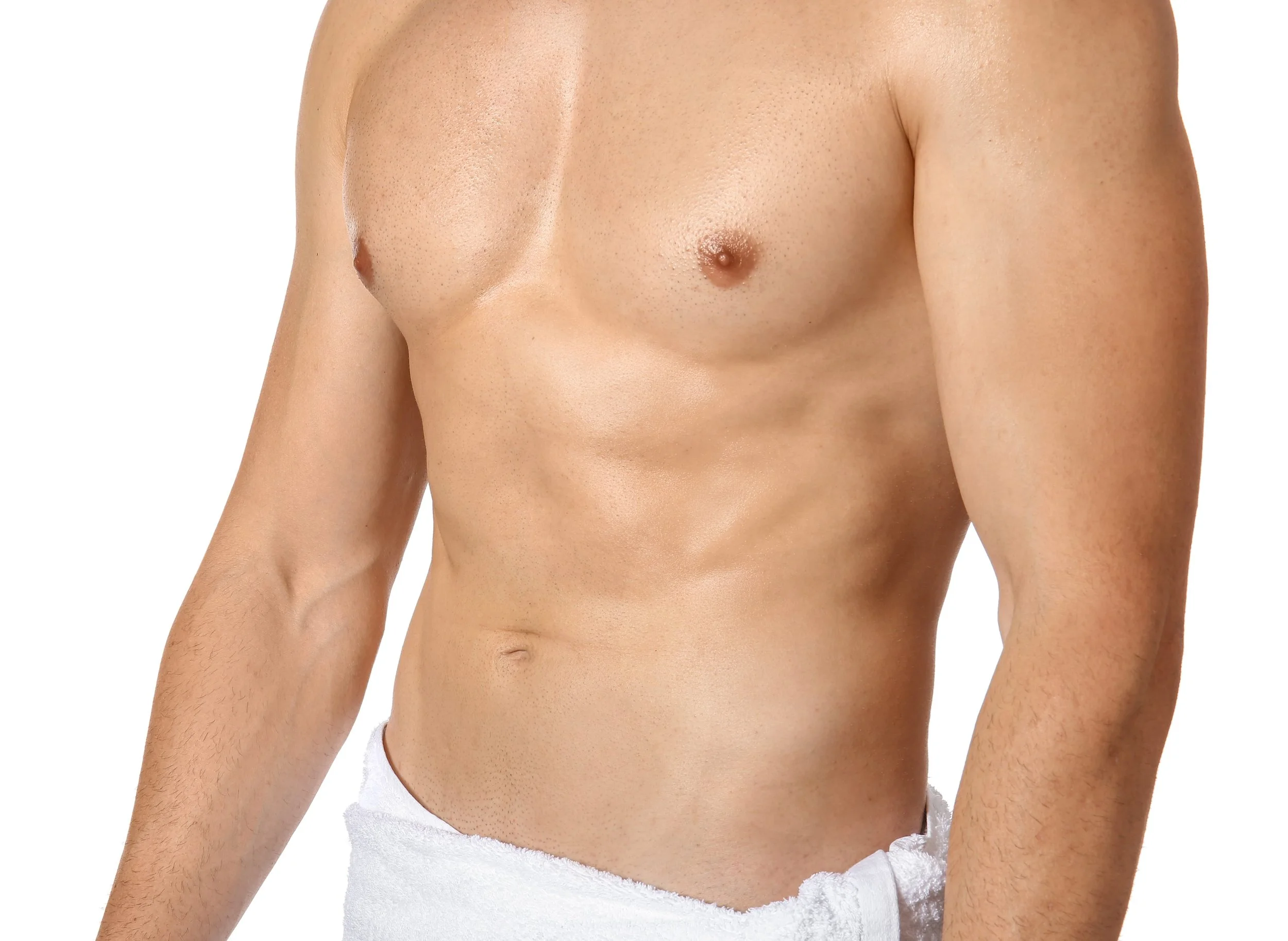 Topless man showing waxed torso