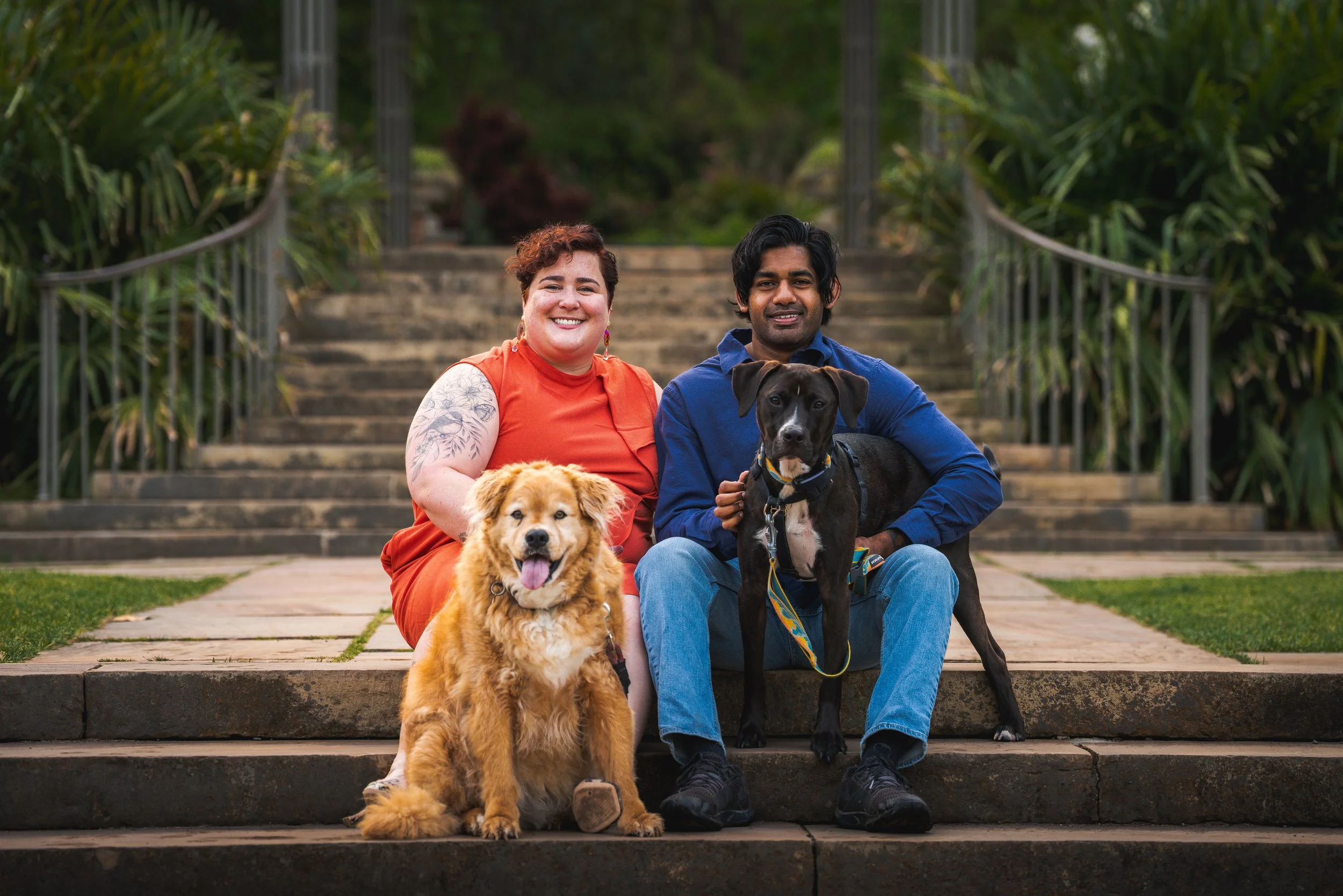 A woman with short curly hair and a tattoo on her arm sitting next to a man with dark hair on steps in a park, smiling at the camera. They are accompanied by two dogs: a golden retriever sitting in front and a black and white mixed breed sitting on t