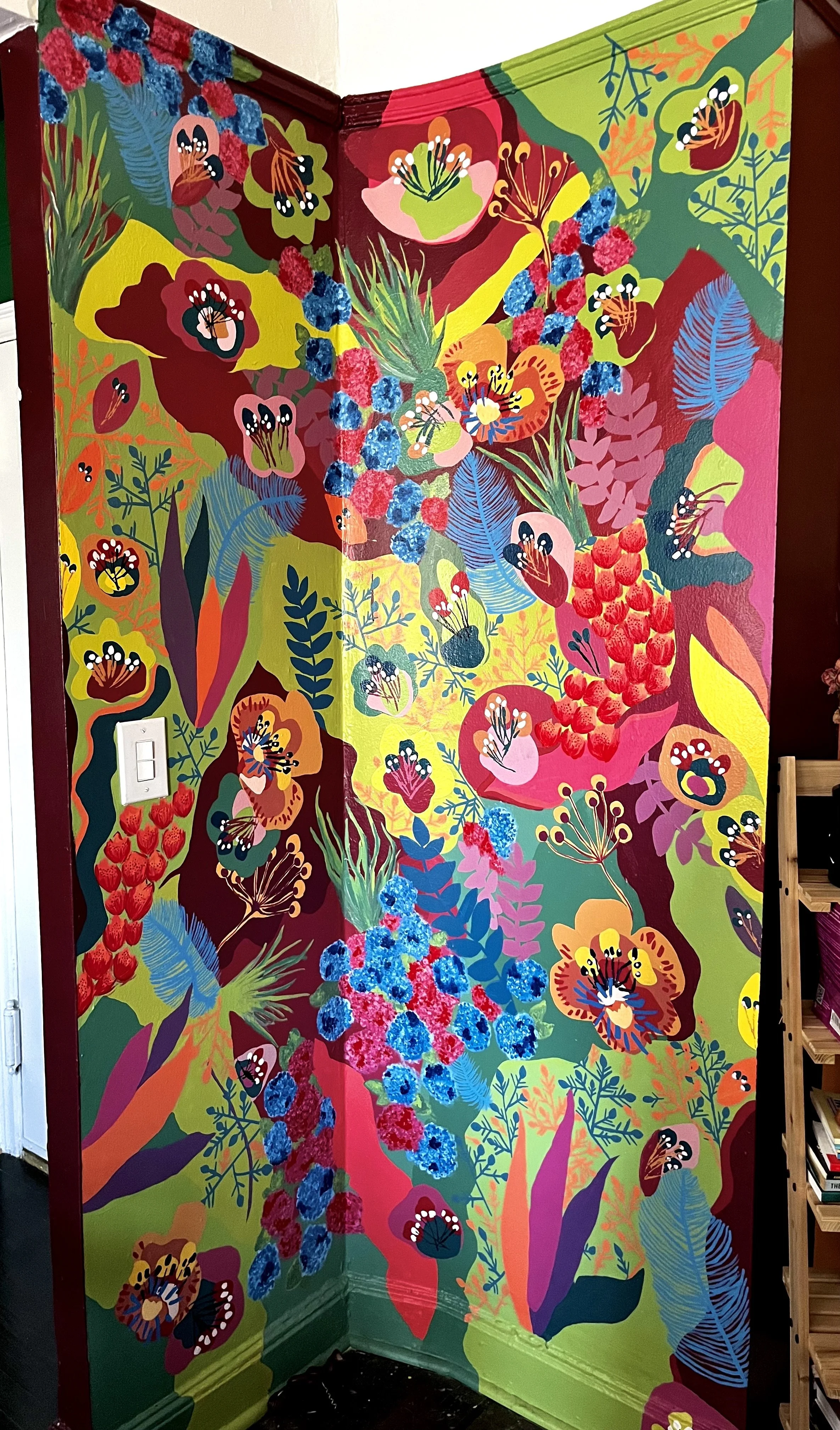 Wall mural, free hand using primary colors and color theory.