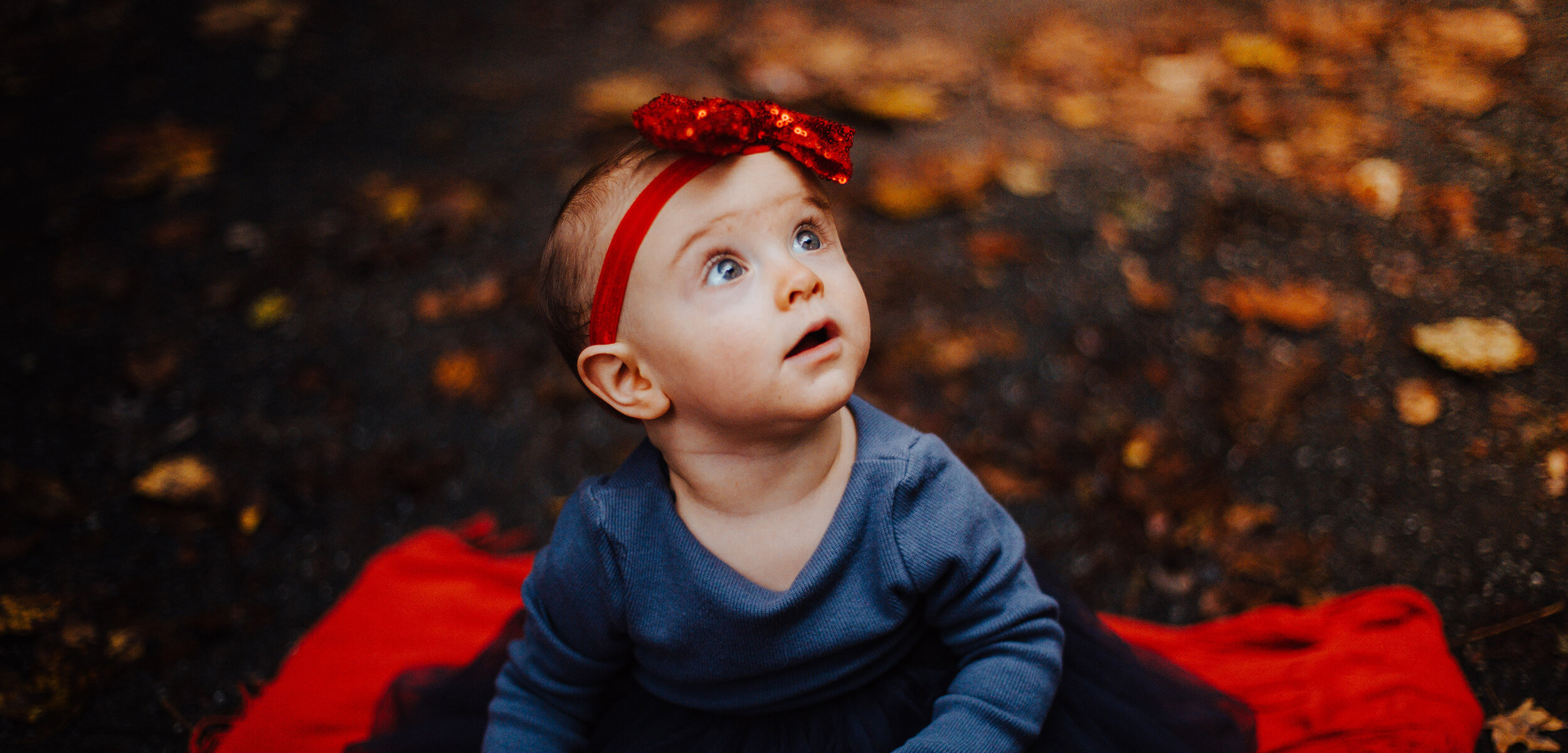 Pretty infant with a red bow looking up at autumn leaves