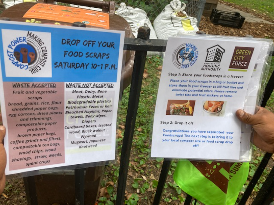  Compost Power and Green City Force post flyers to instruct residents on dropping off their food scraps  