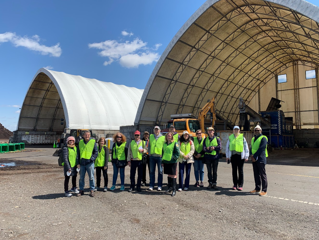   Members of the Manhattan, Brooklyn, Queens, and Bronx SWABs who attended the April 24th tour of the Staten Island compost facility, gather for a photo.  (Photo credit: Aline Reynolds) 