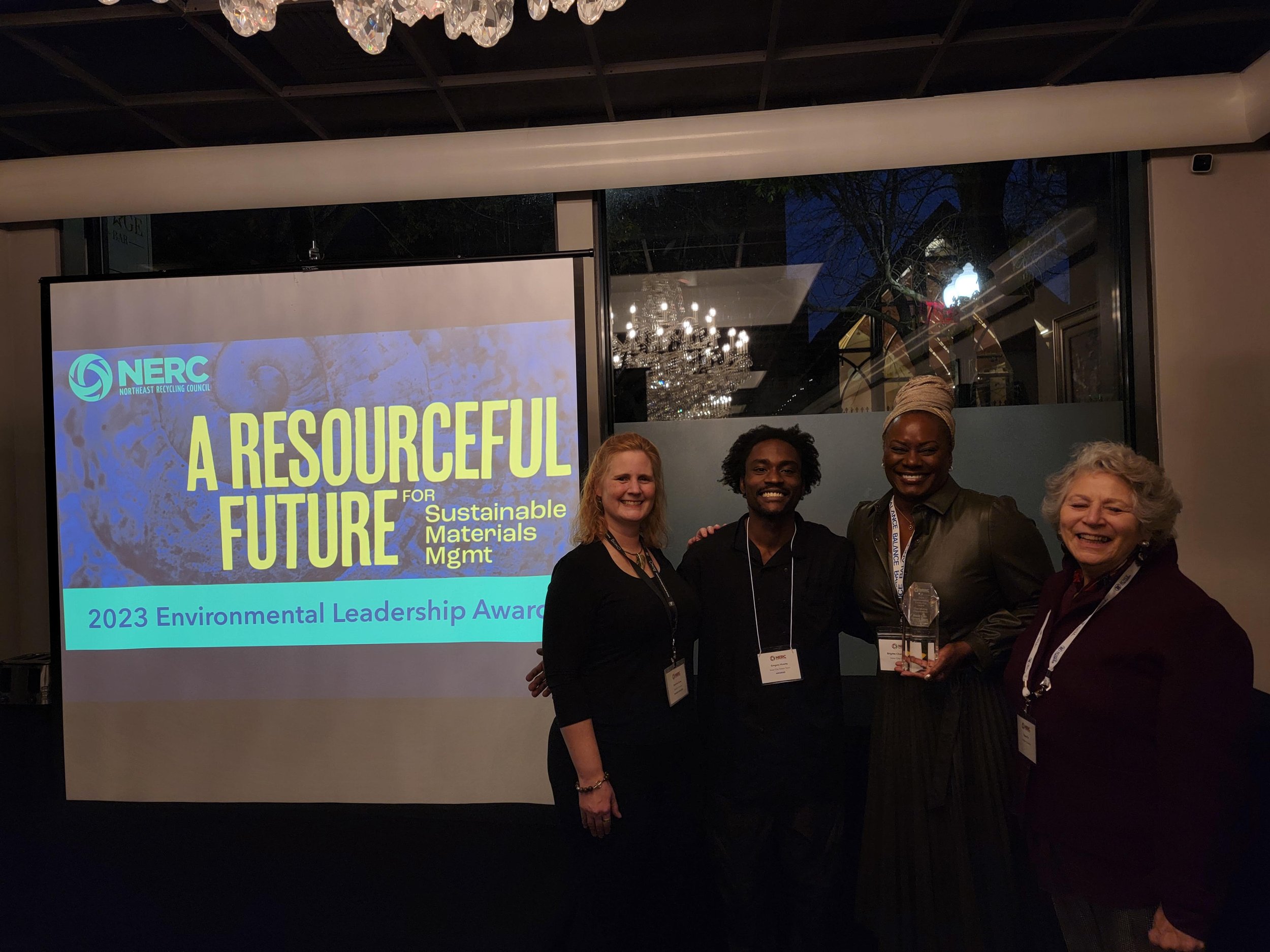   Brigitte Charlton-Vicenty and Zen Vincenty are joined at NERC November Conference by Featured Panelist Gretchen Carey, Sustainability Manager, New England Region, Republic Services of Massachusetts and MSWAB Officer Diane Orr.  