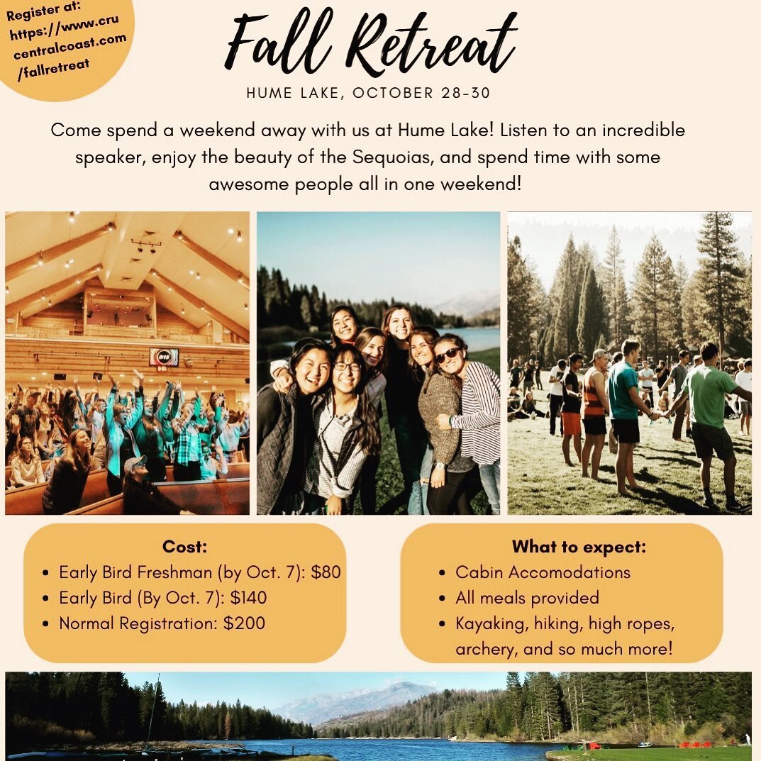 FALL RETREAT EARLY BIRD REGISTRATION IS HERE!!! Until October 7, you can register at these crazy great prices. Be sure to use the discount codes that apply when you do, in order to lock in your rate. For all the info you need, and to sign up, head to