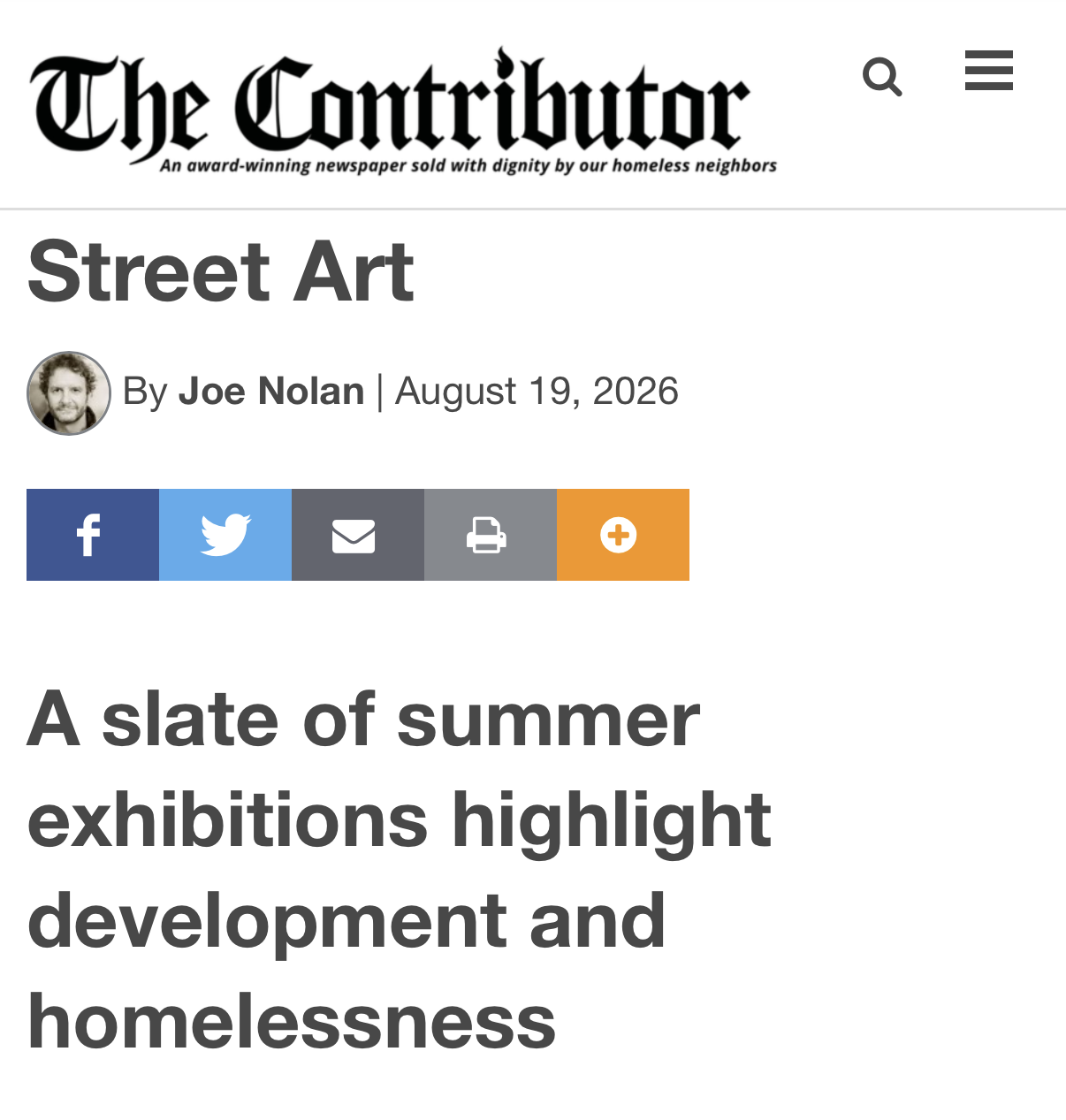 IN THE NEWS—The Contributor: Street Art: A slate of summer exhibitions highlight development and homelessness