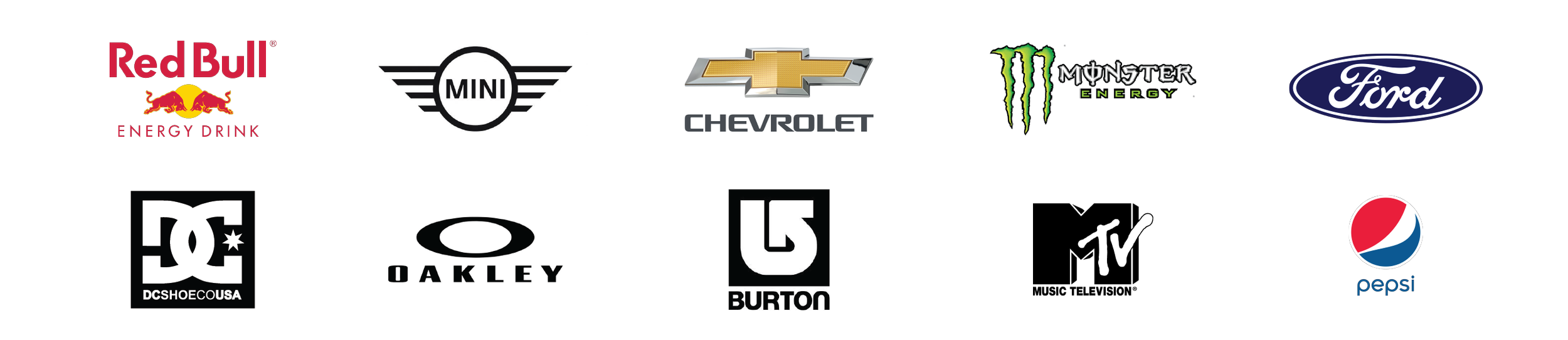 Collage of logos including Red Bull, Mini, Chevrolet, Monster Energy, Ford, DC Shoes, Oakley, Burton, MTV, and Pepsi.