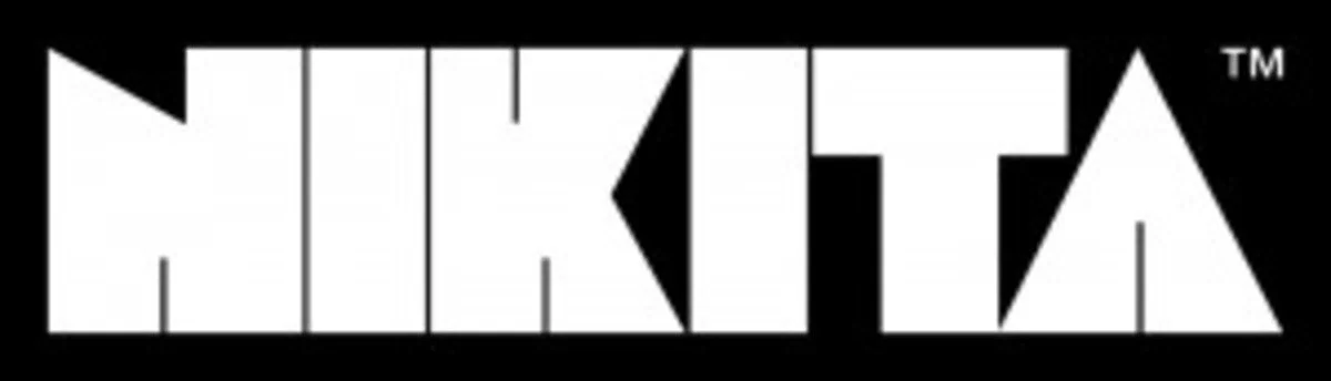 "NIKITA" logo in bold, geometric white font on a black background.