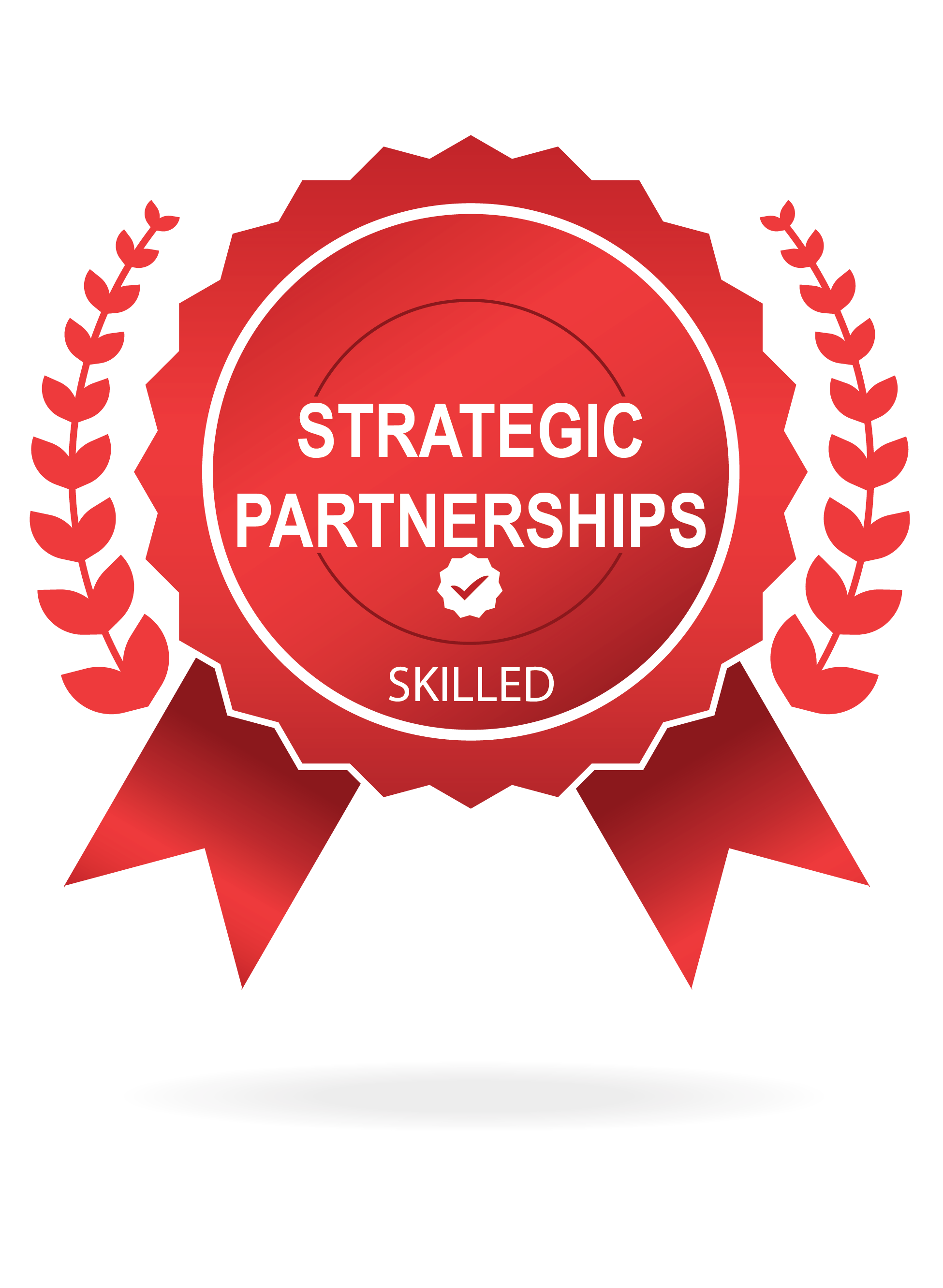 Red badge with text 'Strategic Partnerships Skilled,' featuring laurel wreath and ribbon design.