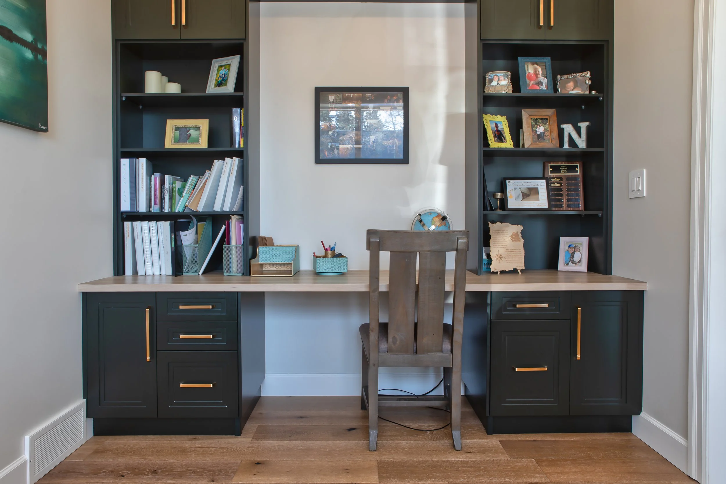 dark green office with brass handles