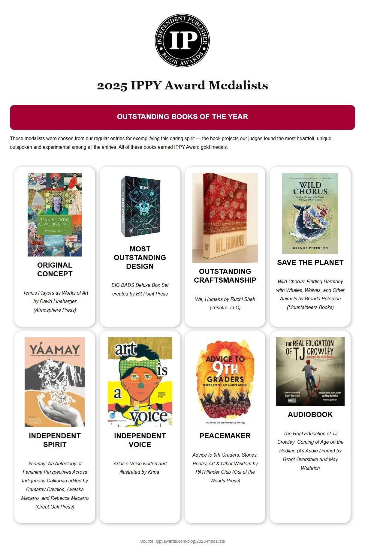 IPPY 2025 Outstanding Books of the Year page with The Real Education of TJ Crowley in the Audiobook spot