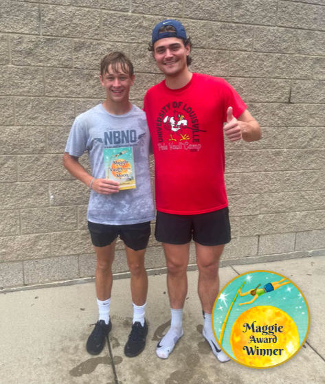 Holtvogt: Carson Holtvogt holds a copy of Maggie Vaults Over the Moon beside a Louisville pole vault camp staffer