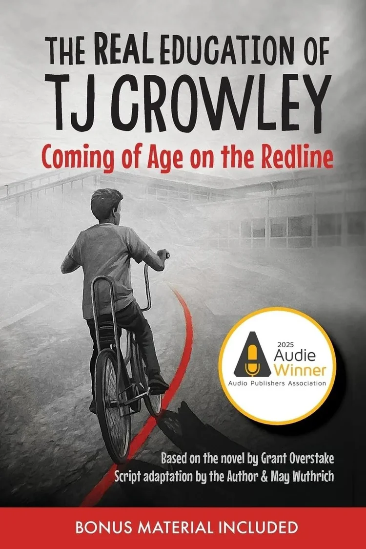 Cover of The Real Education of TJ Crowley: Coming of Age on the Redline, a boy on a bicycle beside a red line, with the 2025 Audie Award winner seal