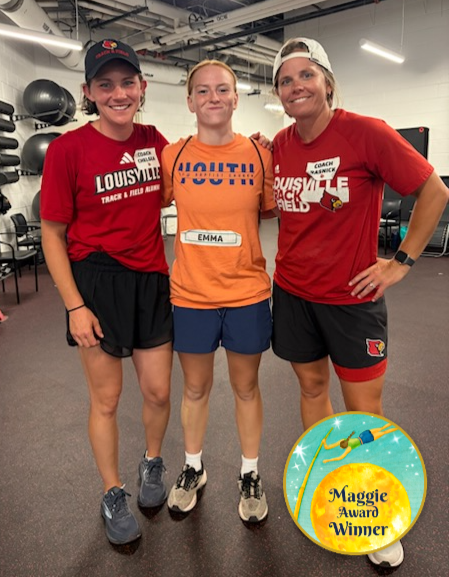Kelly: Emma Kelly stands between two Louisville pole vault coaches in the team weight room