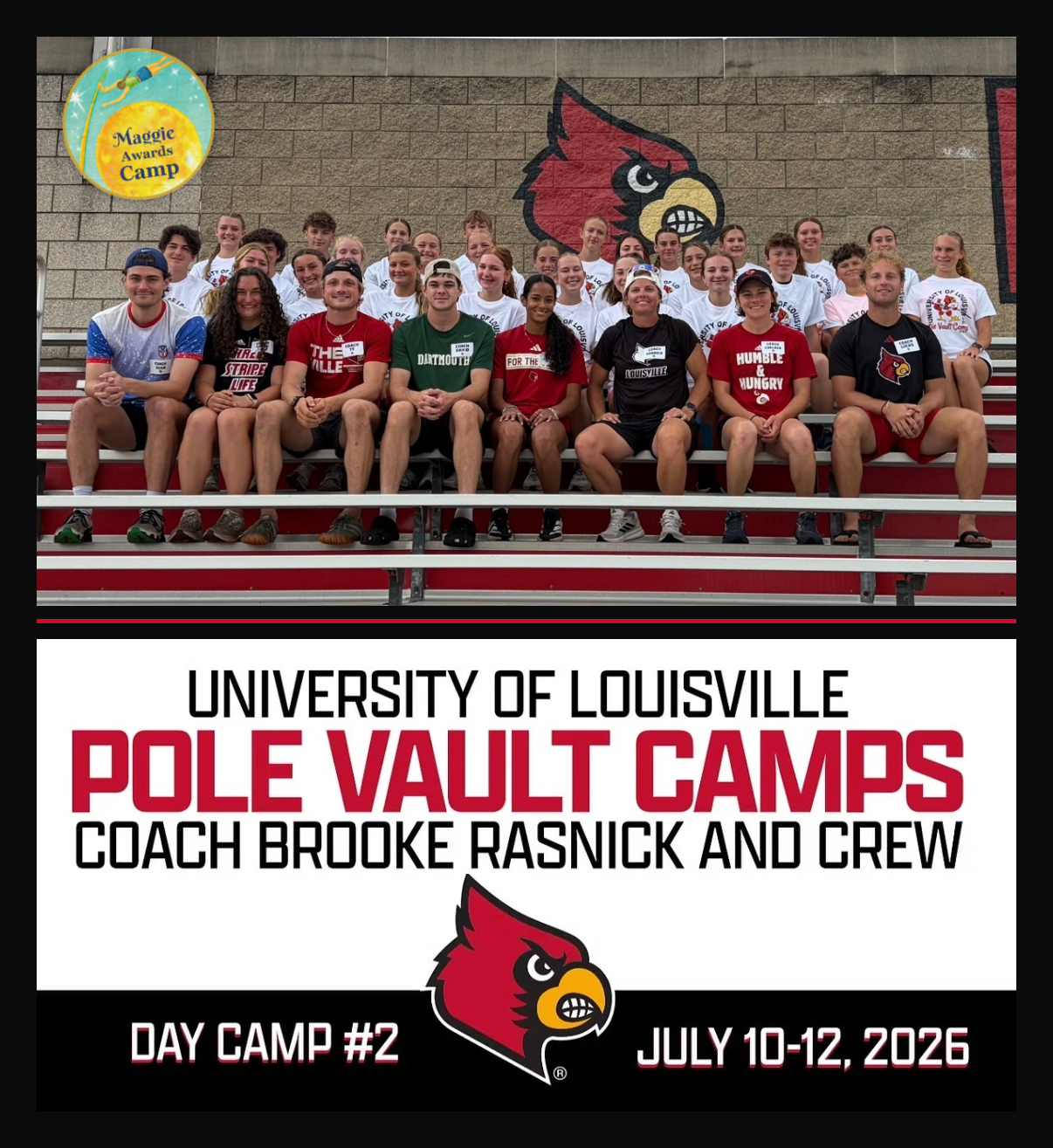 Banner: Poster for University of Louisville pole vault camps with coach Brooke Rasnick, Day Camp 2, July 10-12, 2026