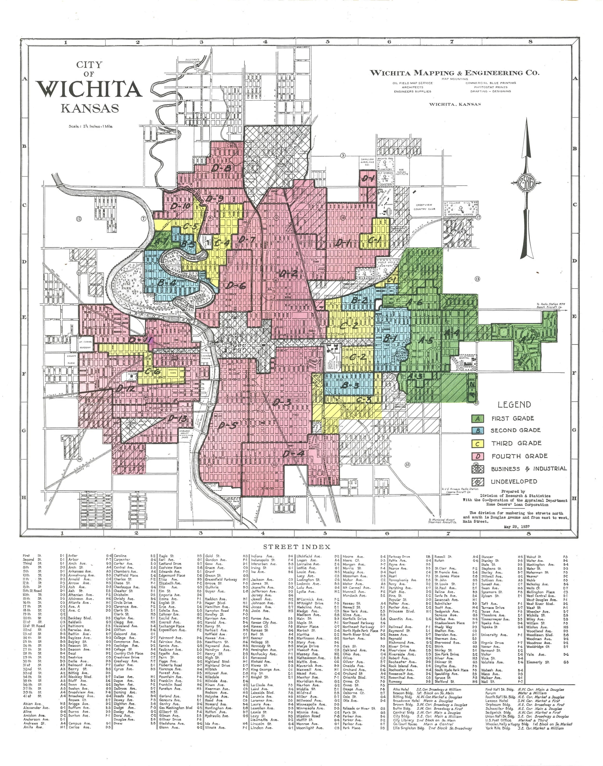 1937 map of Wichita, Kansas, with neighborhoods shaded green, blue, yellow and red by lending grade.