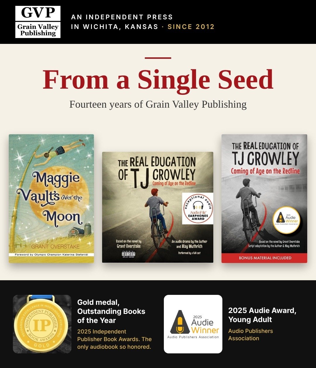 Grain Valley Publishing covers for Maggie Vaults Over the Moon and TJ Crowley, with the IPPY gold medal and Audie seal