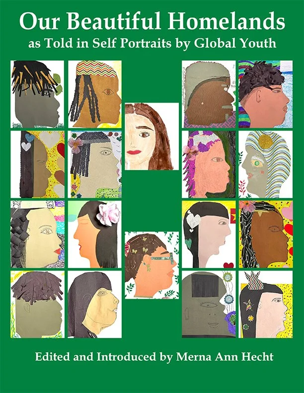 Cover of Our Beautiful Homelands book with green background and drawings of different types of faces