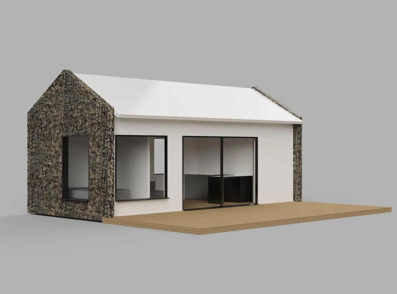 Modern minimalist house with stone and white exterior, large glass sliding doors, and a wooden deck.