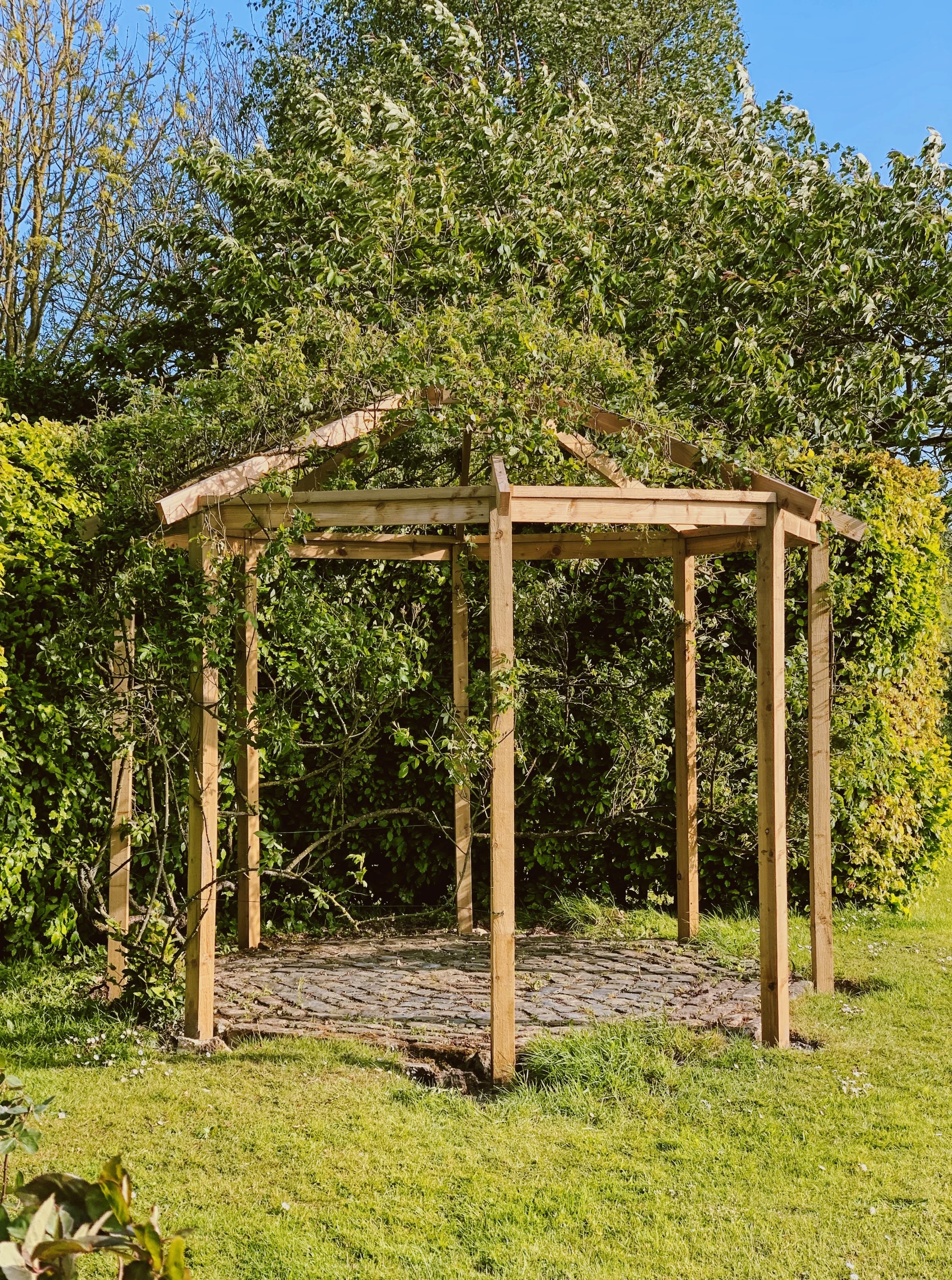 A small wooden garden structure with a roof frame under construction, surrounded by green bushes and trees in a grassy backyard.
