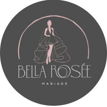 Logo avec une silhouette féminine en robe de mariage, entourée de deux cercles, avec le texte 'BELLA ROSÉE MARIAGE' 