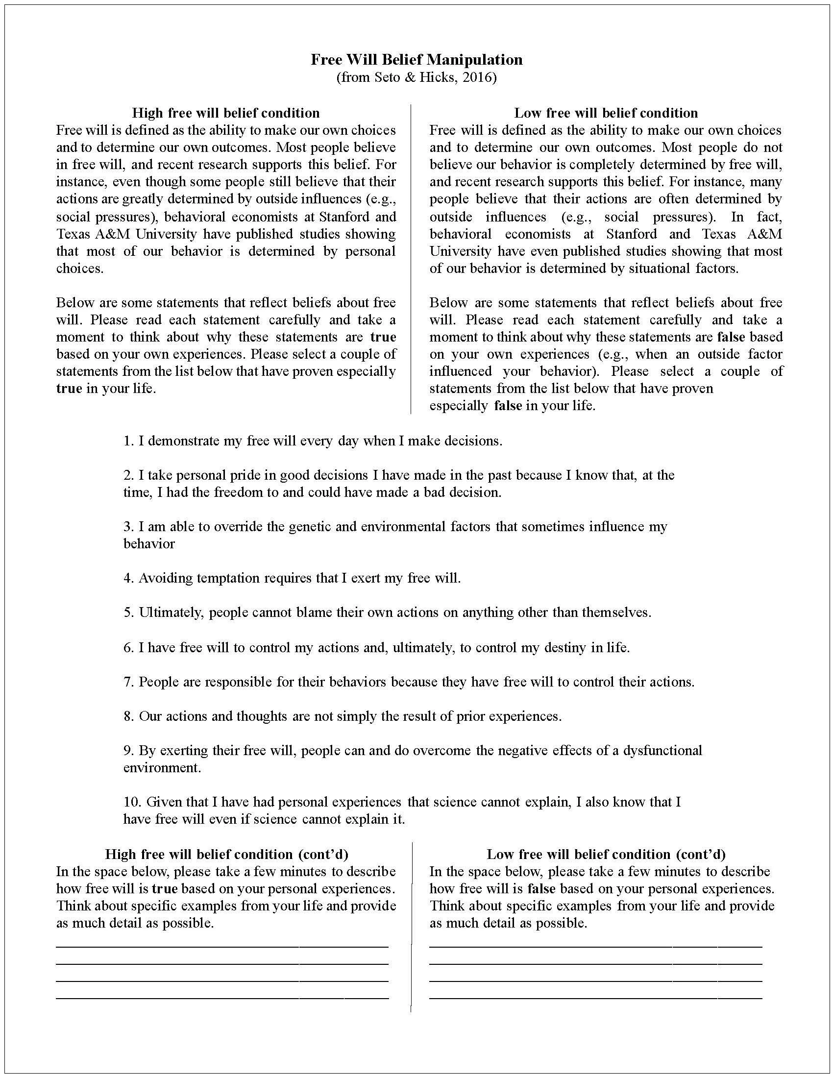 The Free Will Belief Manipulation, developed and validated by Seto and Hicks (2016).