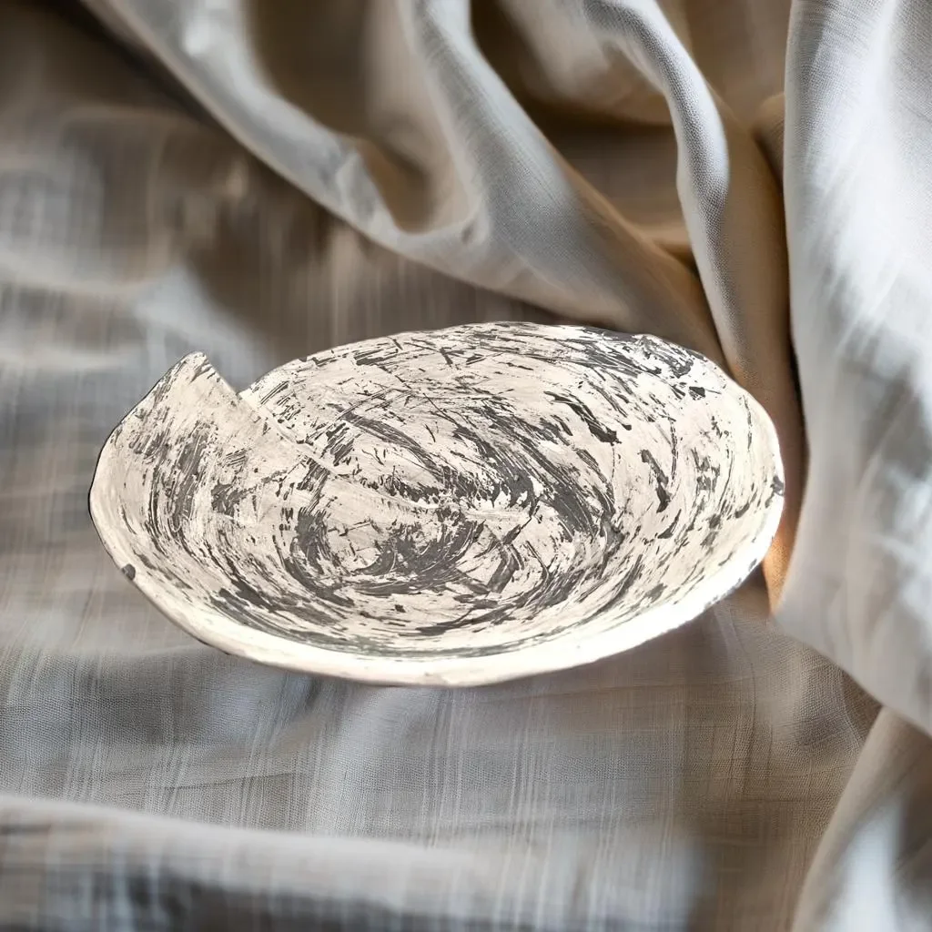 Black and White Air Dried Clay Bowl - Hakeme Brushed Black Paint