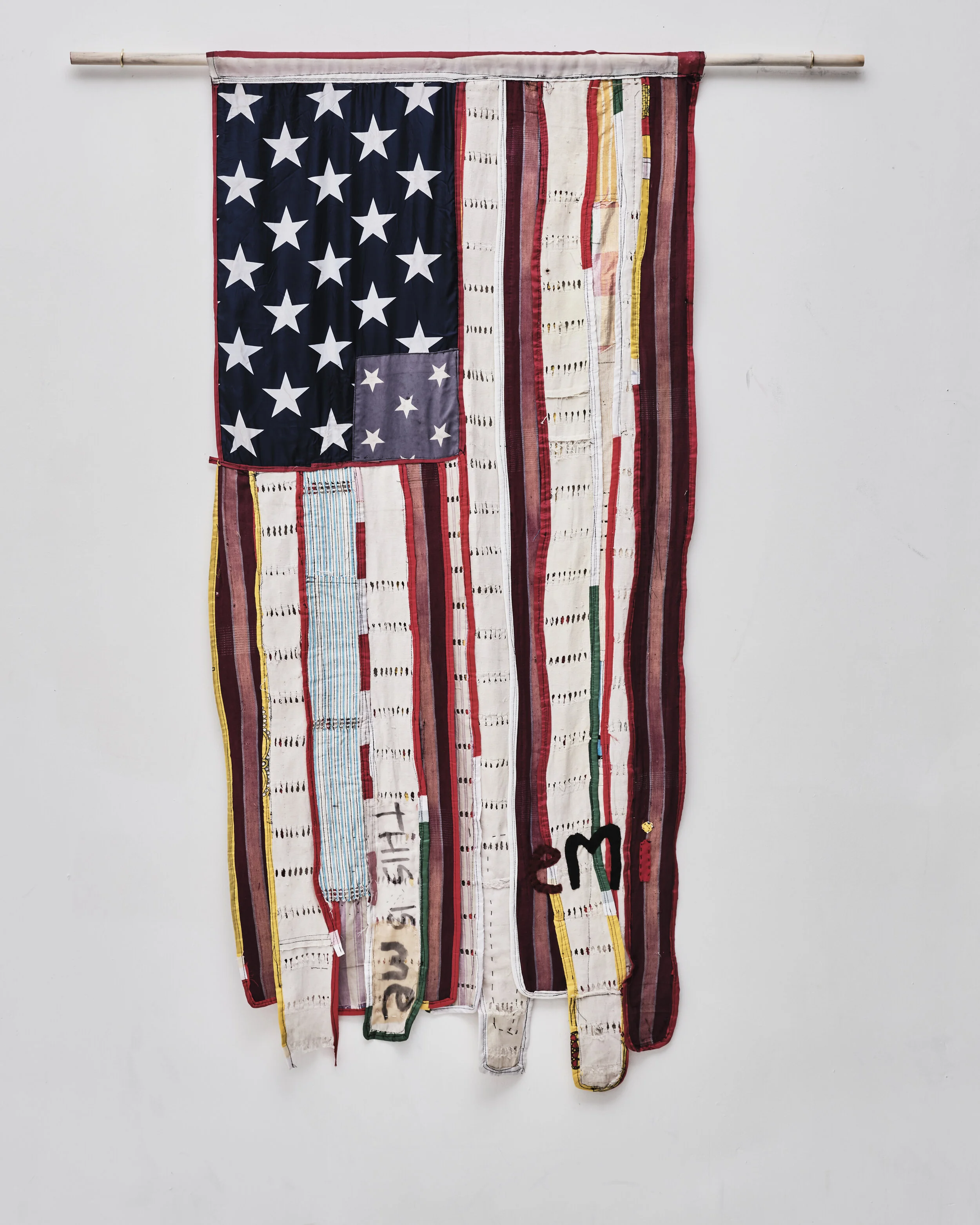 daàPò réo, 2020, I TO I (Two-sided Flag from the Self Portraits series), West African textiles, 60 x 35 inches, Image courtesy of the artist.