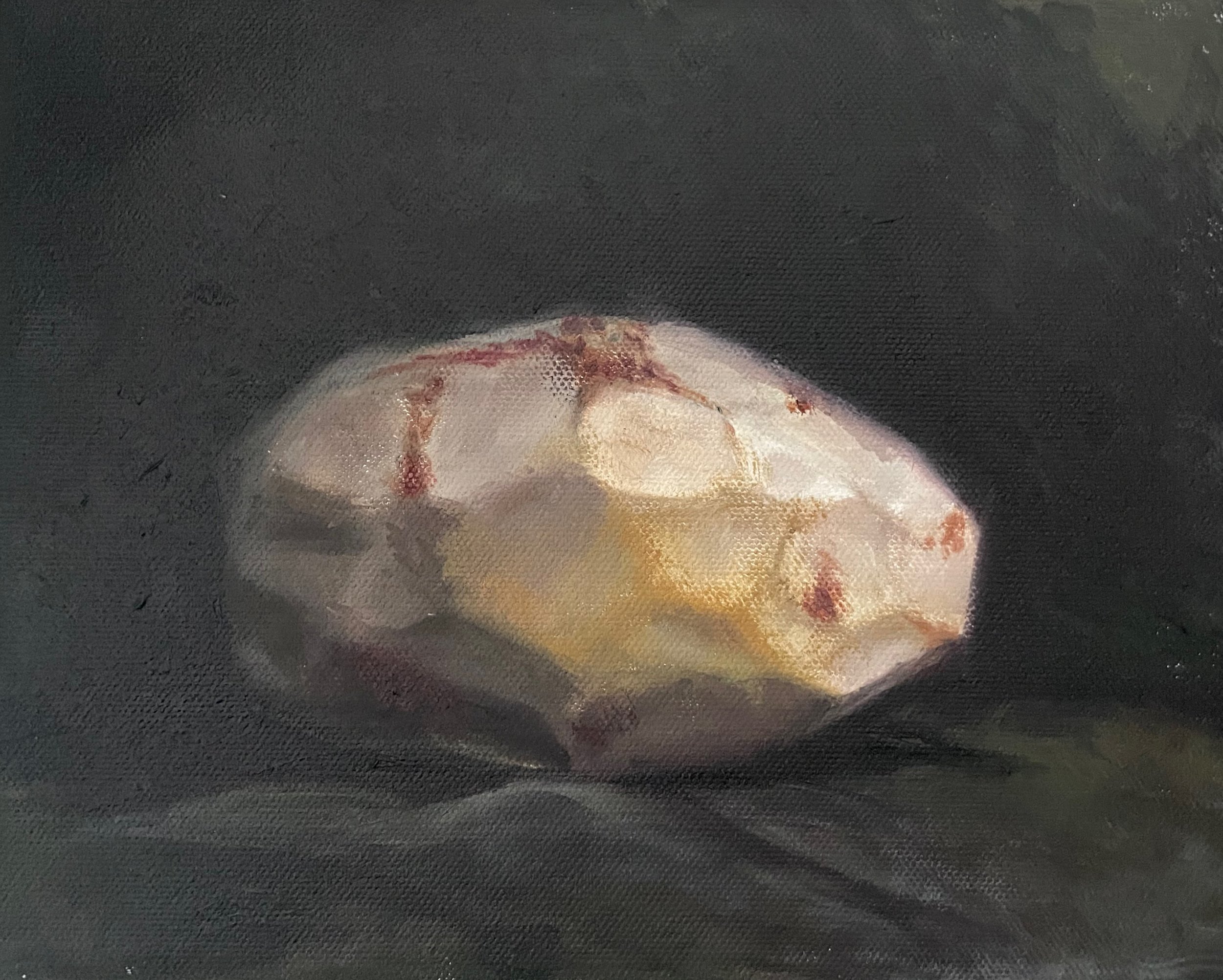 Peeled potato on dark green drape (8x10, oil on canvas)