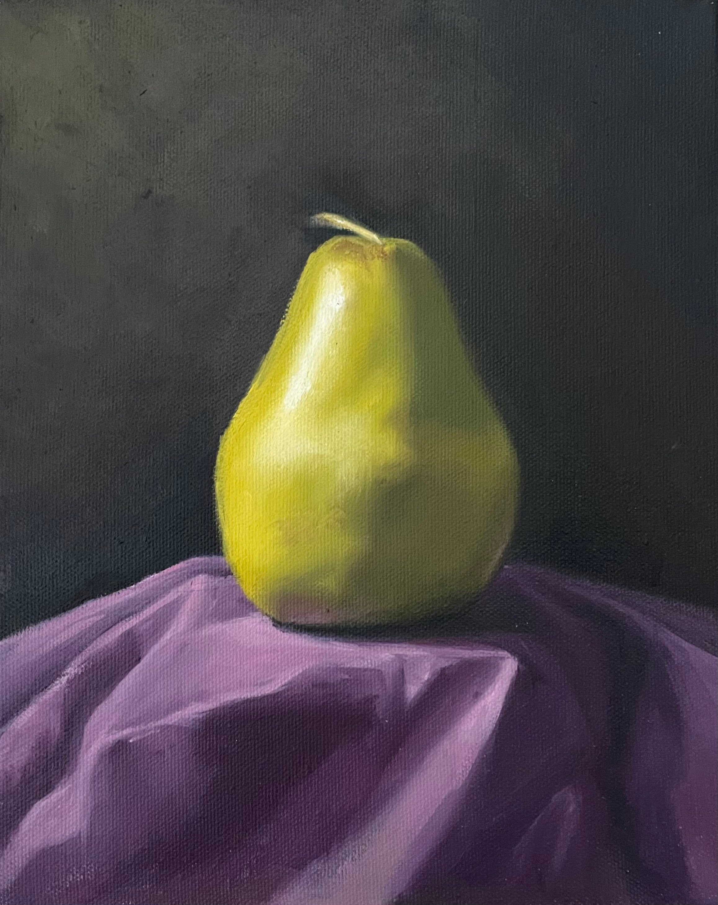Pear on purple cloth (8x10, oil on canvas)
