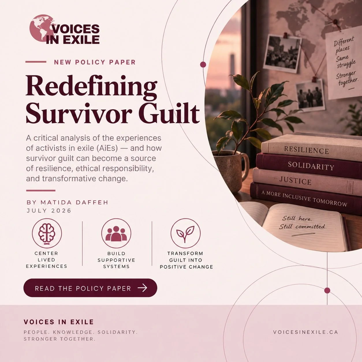      
  

 
  
     
 
 
 
 
 Redefining Survivor Guilt — Voices in Exile 
 
/* ============ TOKENS — deep burgundy / rose-gold identity ============ */
:root{
  --ink:#2B1420;             /* deep wine-black body text */
  --navy:#6B1F3A;            