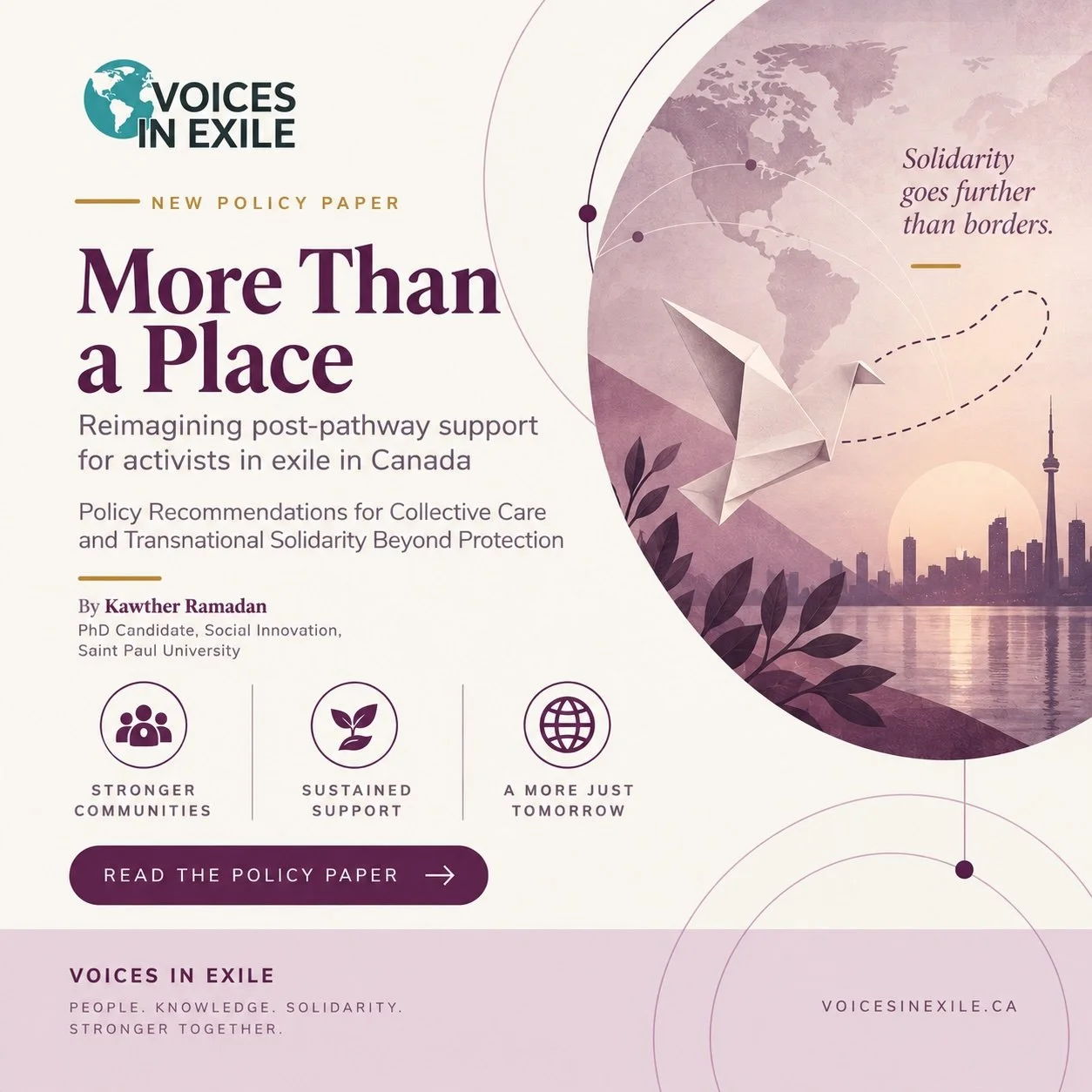      
  

 
  
     
 
 
 
 
 More Than a Place: Reimagining Post-Pathway Support for Activists in Exile in Canada — Voices in Exile 
 
/* ============ TOKENS — deep mulberry plum / warm marigold gold identity ============ */
:root{
  --ink:#241220; 