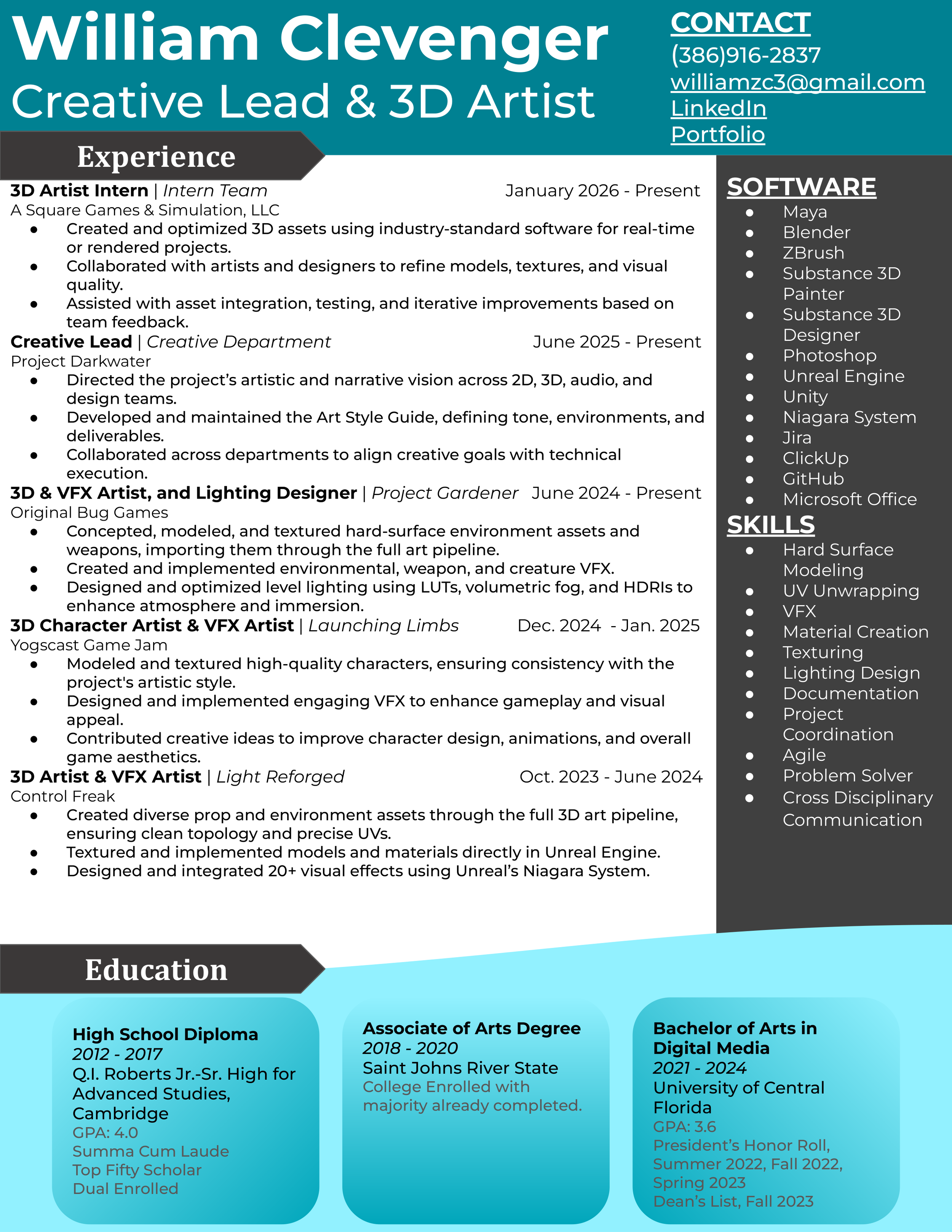 A resume for William Clevenger, a creative lead and 3D artist. It includes contact information, skills, and detailed experience in various software and artistic roles, along with education background.
