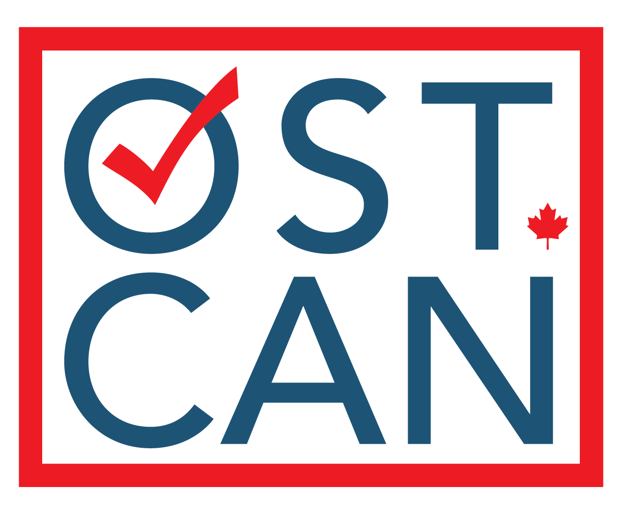 Canadian OSTCAN sign with a red checkmark, maple leaf, and bold blue lettering inside a red border