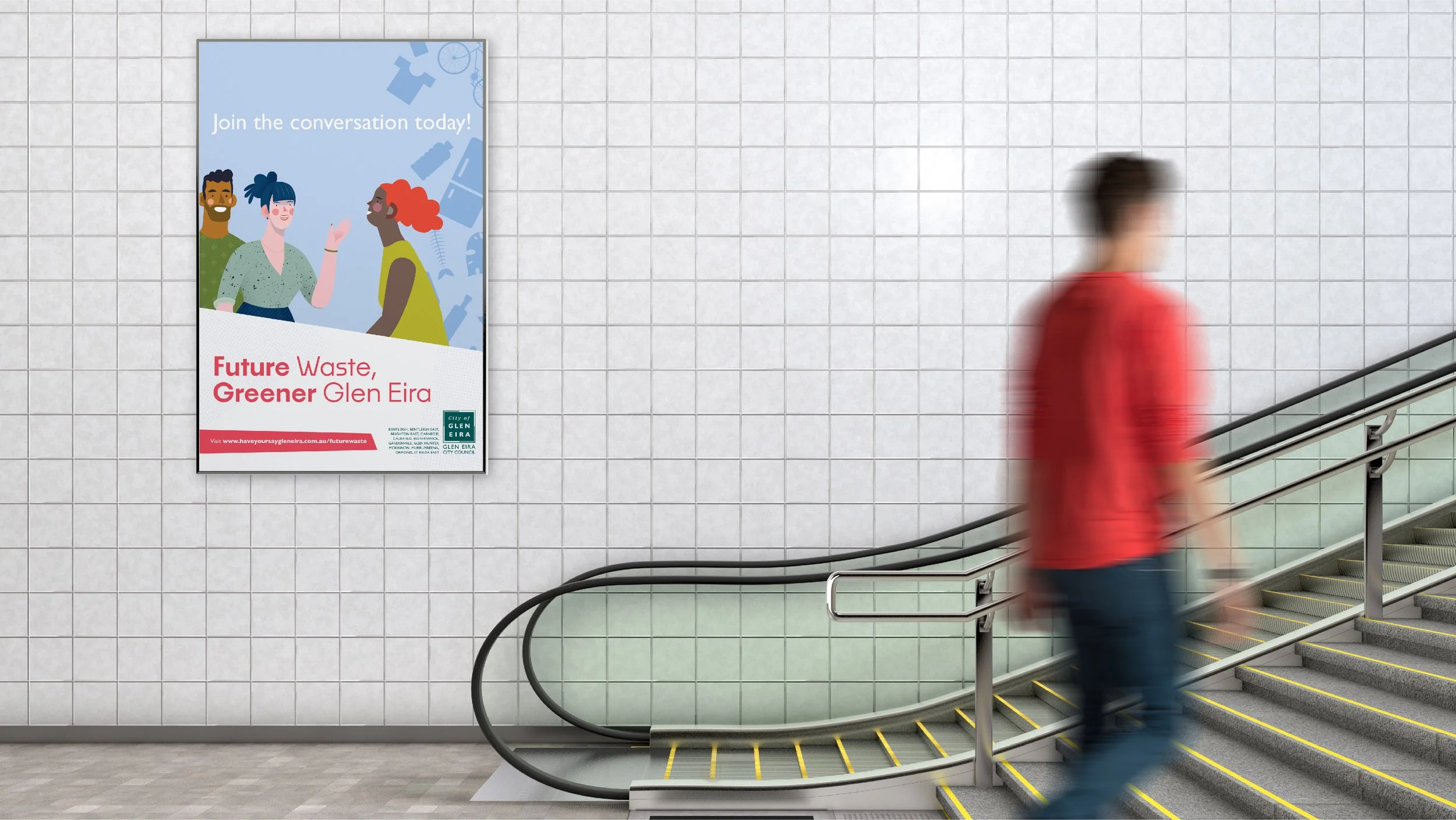 A blurred person in a red jacket and jeans ascending an escalator in a tiled public space, with a poster on the wall promoting a community event about future waste management in Glen Eira.