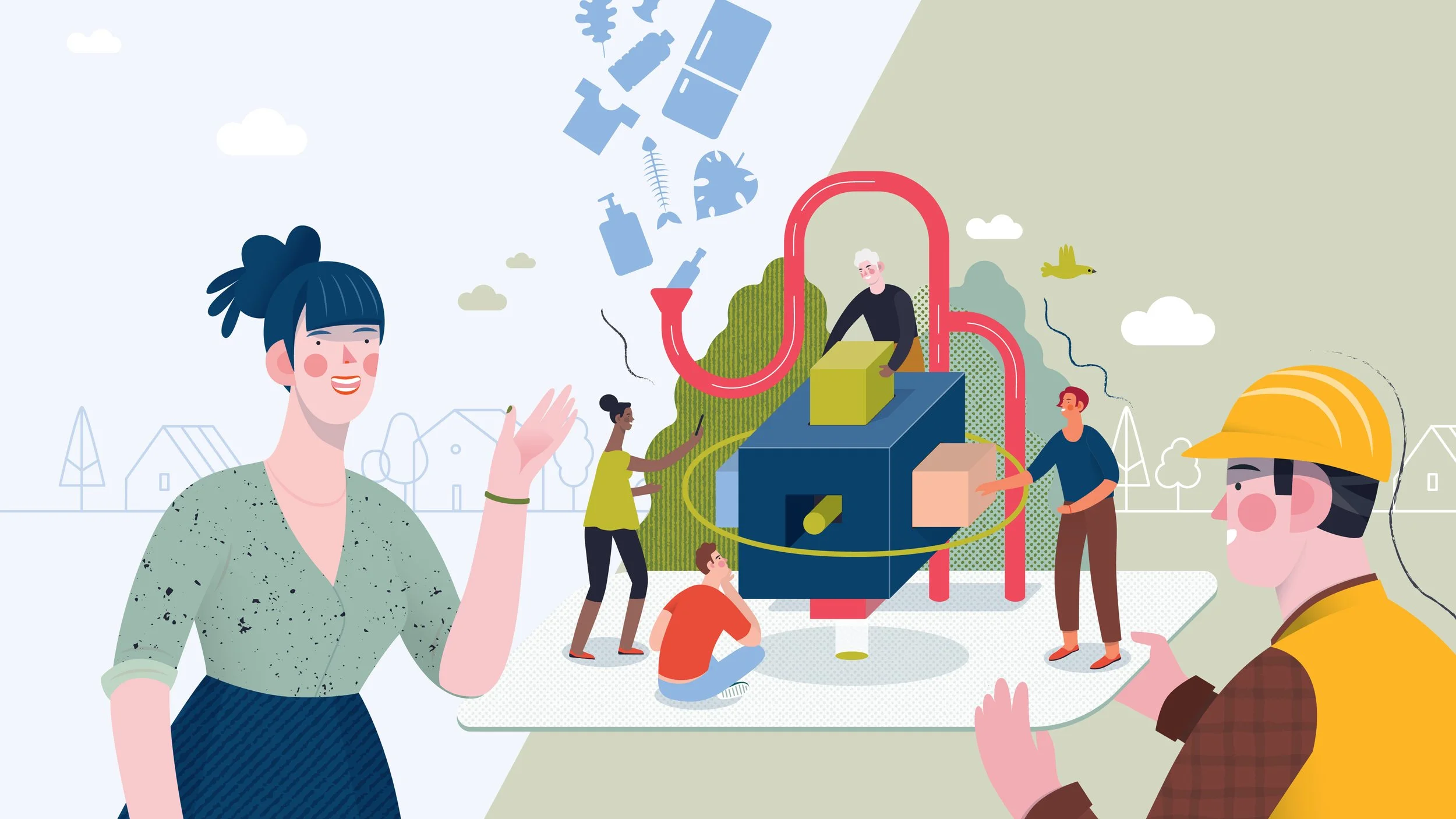 A colorful illustration of a group of people engaging in a science project outdoors, with a playground structure and a background of houses, trees, and clouds.