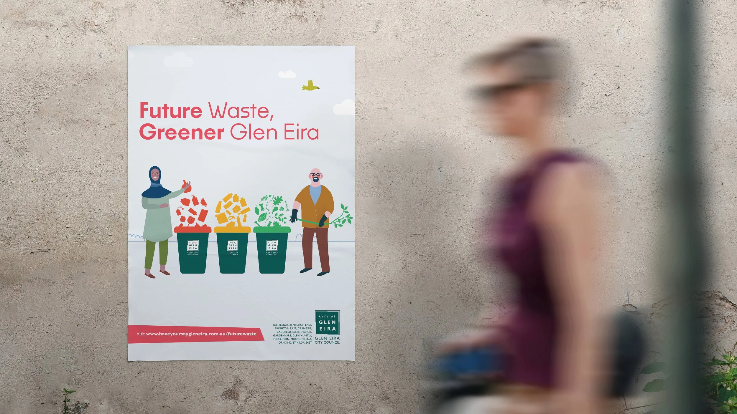 A poster on a wall promoting future waste recycling and a greener Glen Eira, featuring illustrated people with trash bins and greenery, and a blurred person walking past.