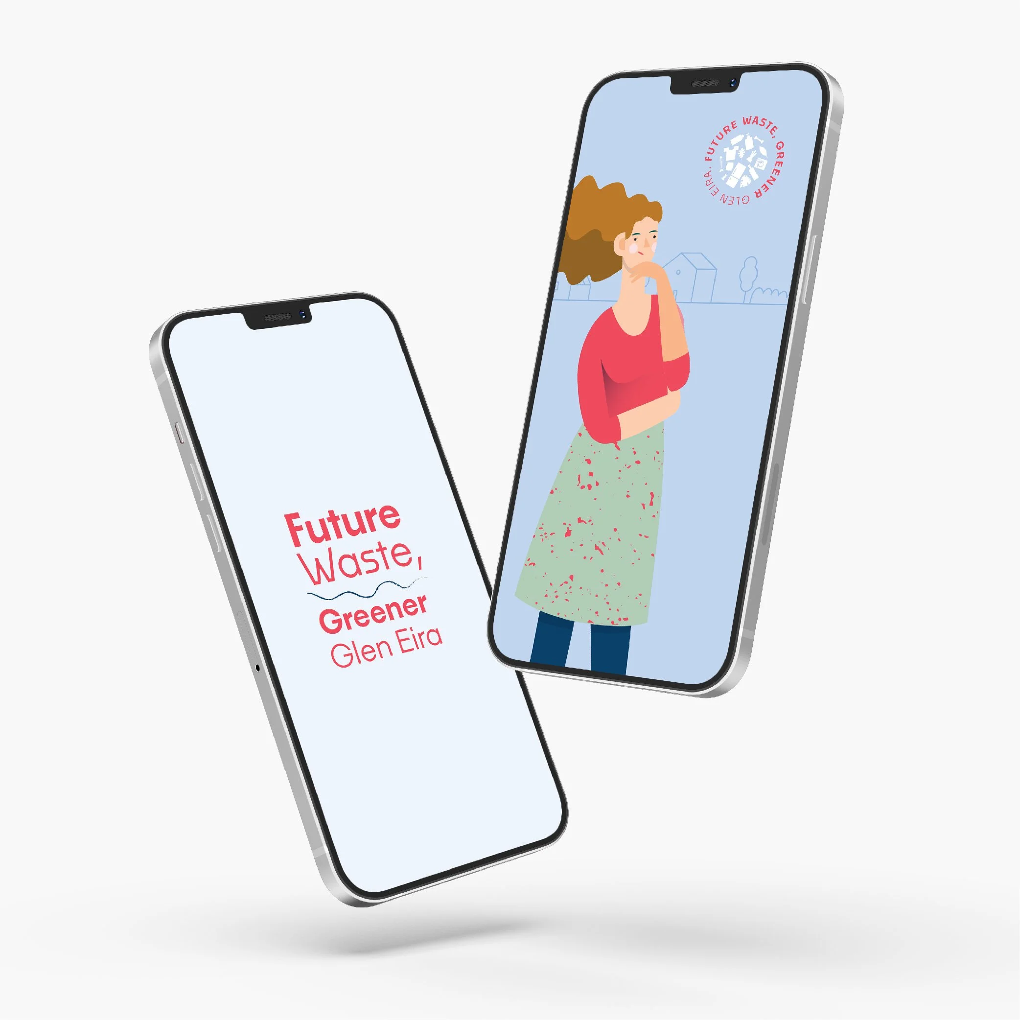 Two smartphones displaying content about future waste and environmental sustainability, with an illustration of a woman and logos related to green living.