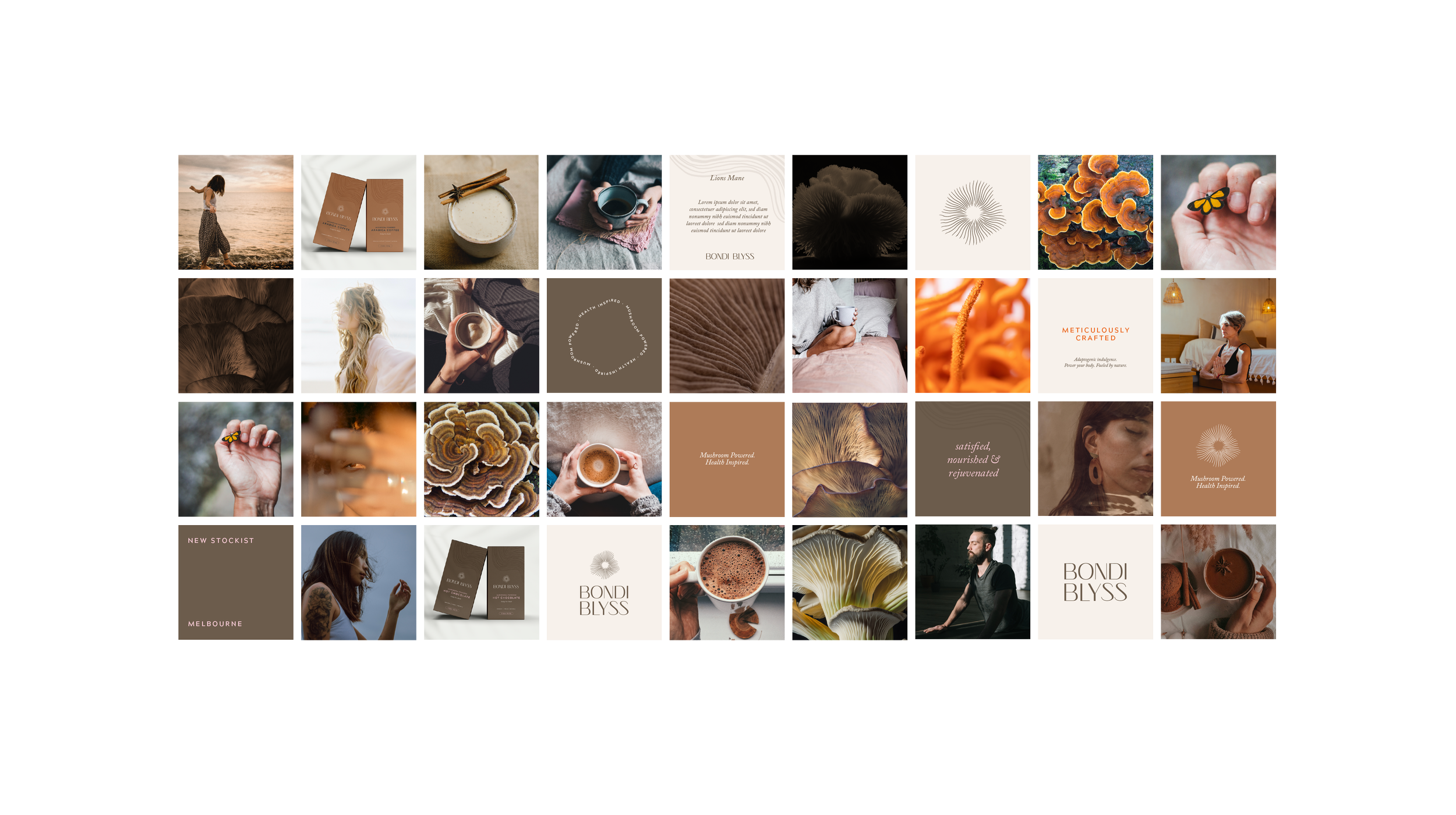 Collage of images featuring coffee, mushrooms, people, and earthy tones with text about health and craftsmanship.