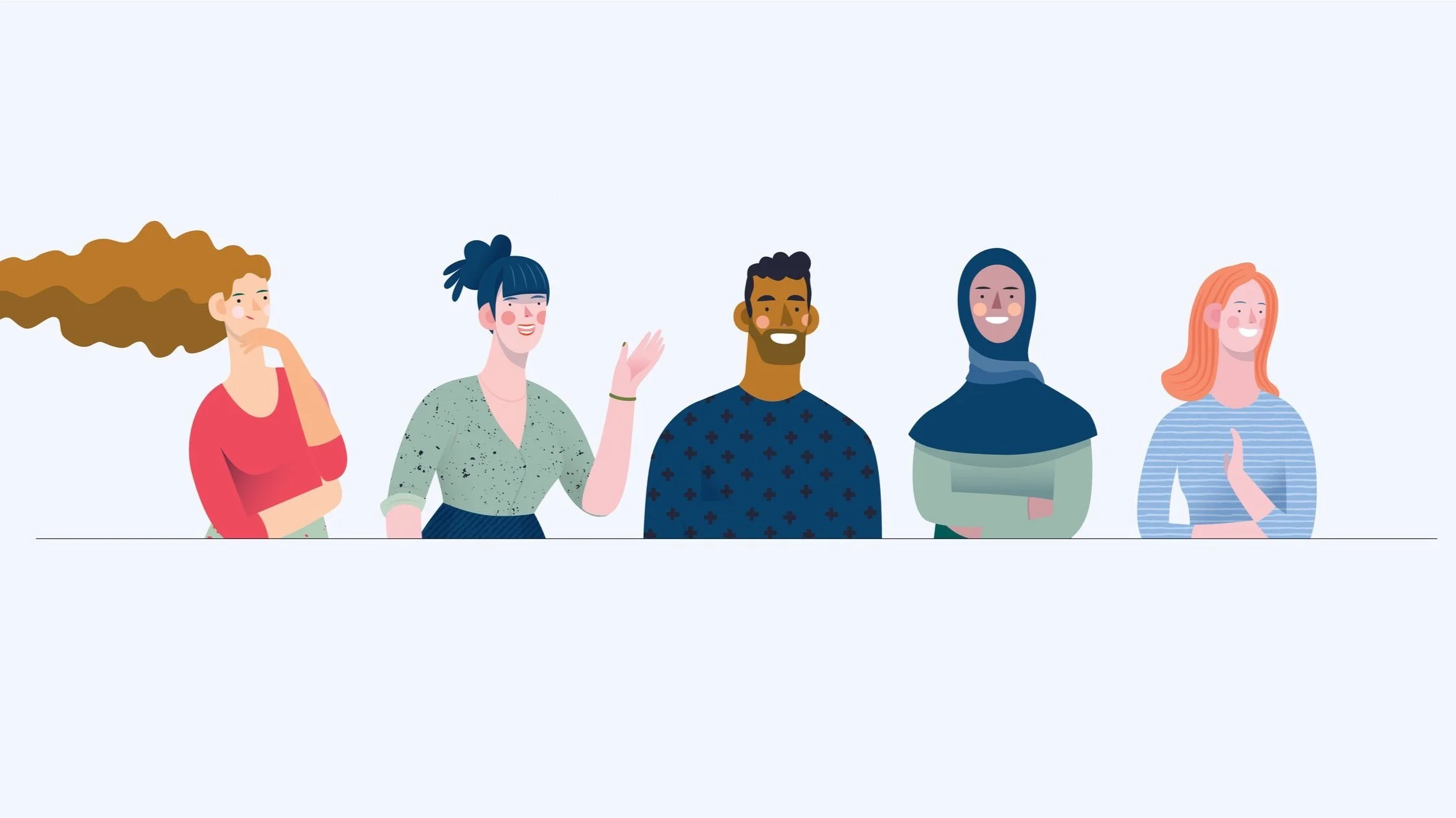 Illustration of five diverse women standing in a line, each smiling and expressing unique personalities.