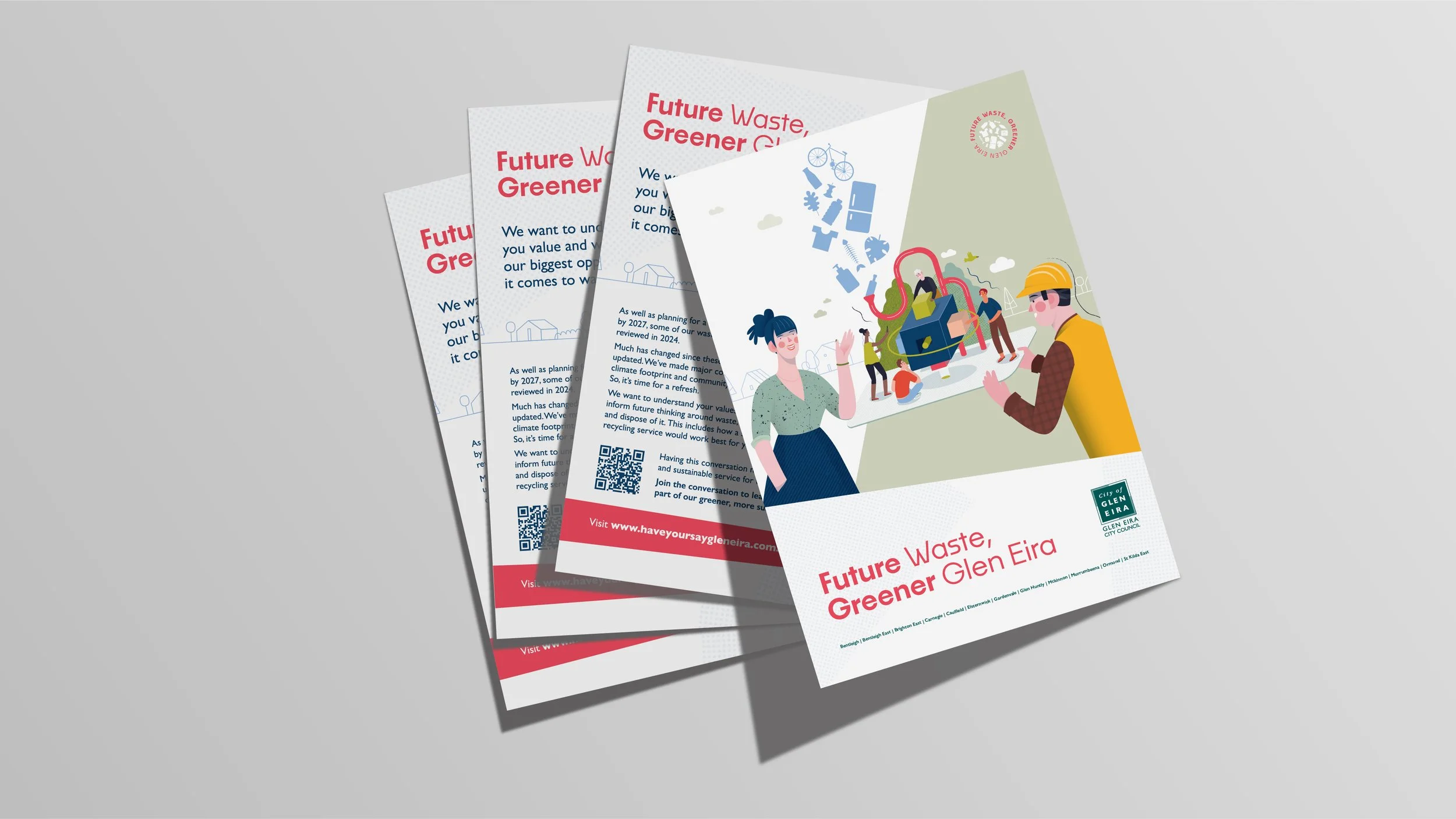 Brochure titled 'Future Waste, Greener Glen Eira' with a cartoon illustration of two people discussing waste management, and symbols of various waste items and recycling. The brochures are fanned out on a gray surface.