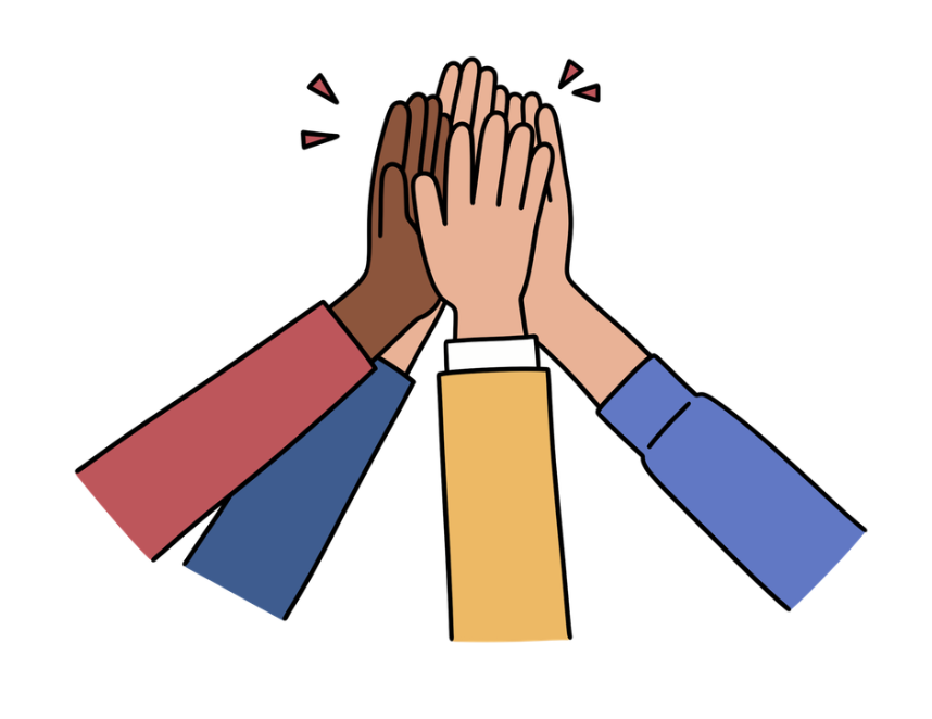 Multiple hands of different skin tones coming together in a high-five gesture.