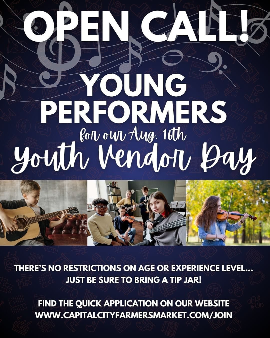 Gaining experience as a market vendor is a unique opportunity for our budding entrepreneurs, and we want to offer the same enriching experience for our young musicians! Whether you&rsquo;re part of a band or prefer to play solo, we&rsquo;re hoping to