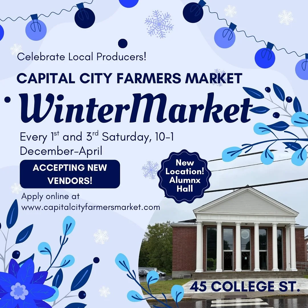 CCFM Winter Market is moving! Find us December-April at Alumnx Hall at the former VCFA campus. Still accepting applications for new and returning vendors. Join us to share the joy! 
Apply by following the link in our bio.