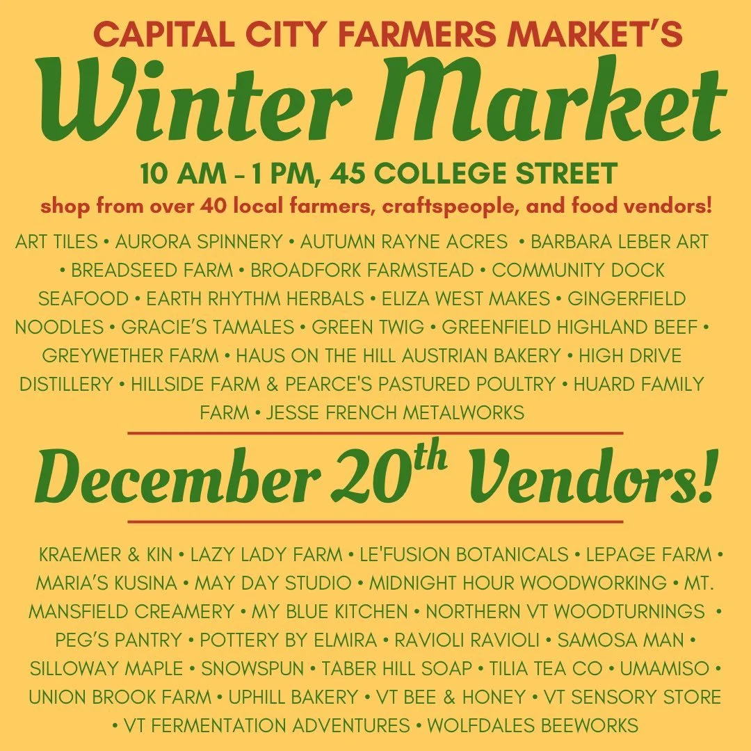 Find what you need, and make a day of it at CCFM Winter market: featuring 44 incredible local farmers, craftspeople, artists, herbalists, cheese makers, bakers, and prepared food vendors THIS Saturday, 10am-1pm at Alumni Hall, 45 College Street! 

Fi