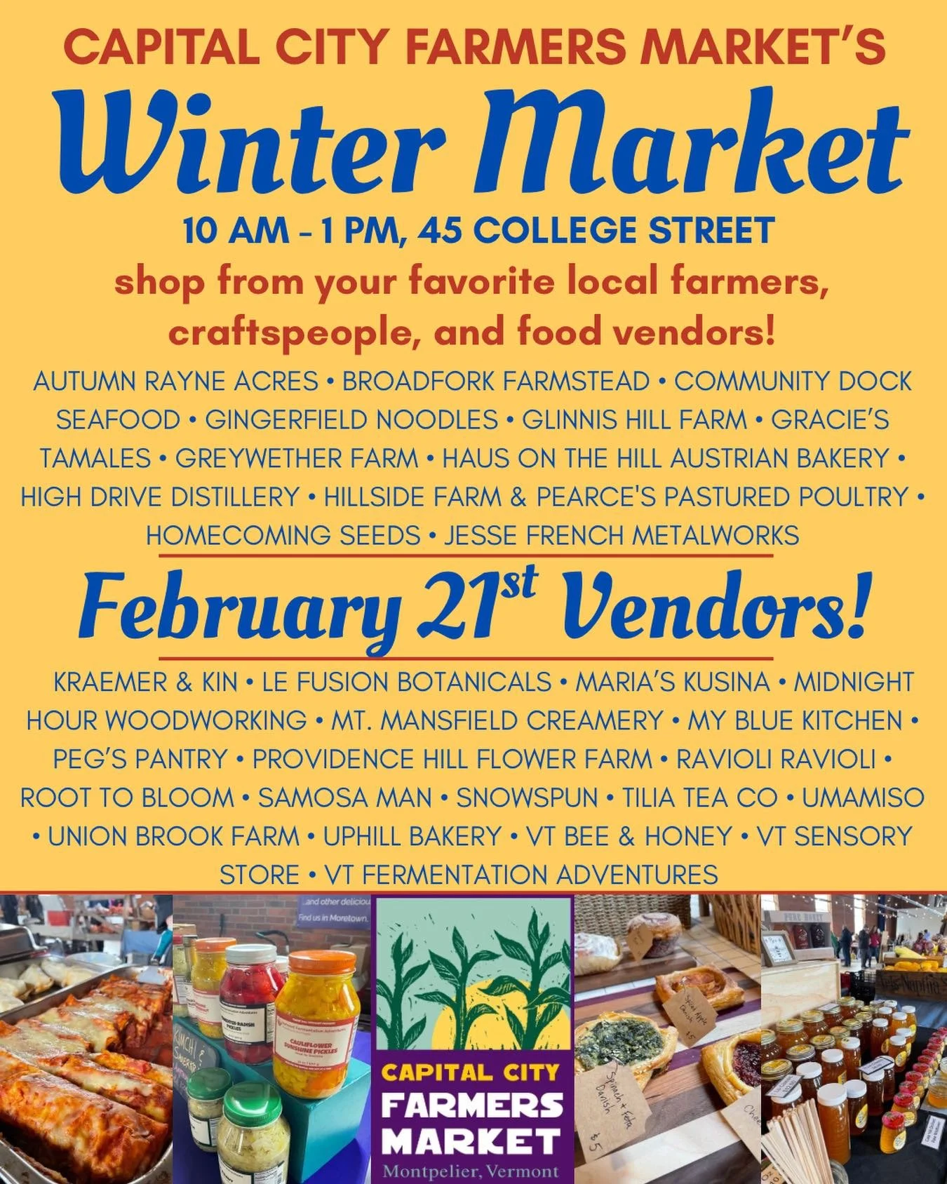 Winter Market Week! This Saturday 10-1, Alumni Hall, 45 College Street. Over 30 of your favorite CCFM vendors ready to nourish you! 

Thanks to @thenewschoolofmontpelier for hosting us, and L.V. Cleaning Services for sponsoring us!