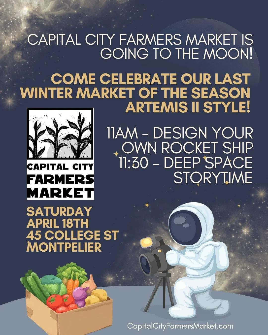 New event just dropped!

We're feeling inspired by the moon adventures of the Artemis II crew and it's our last winter market of the season, so... Feels like a good excuse for a party! 

Join us THIS Saturday, April 18th for rocketship fun and deep s